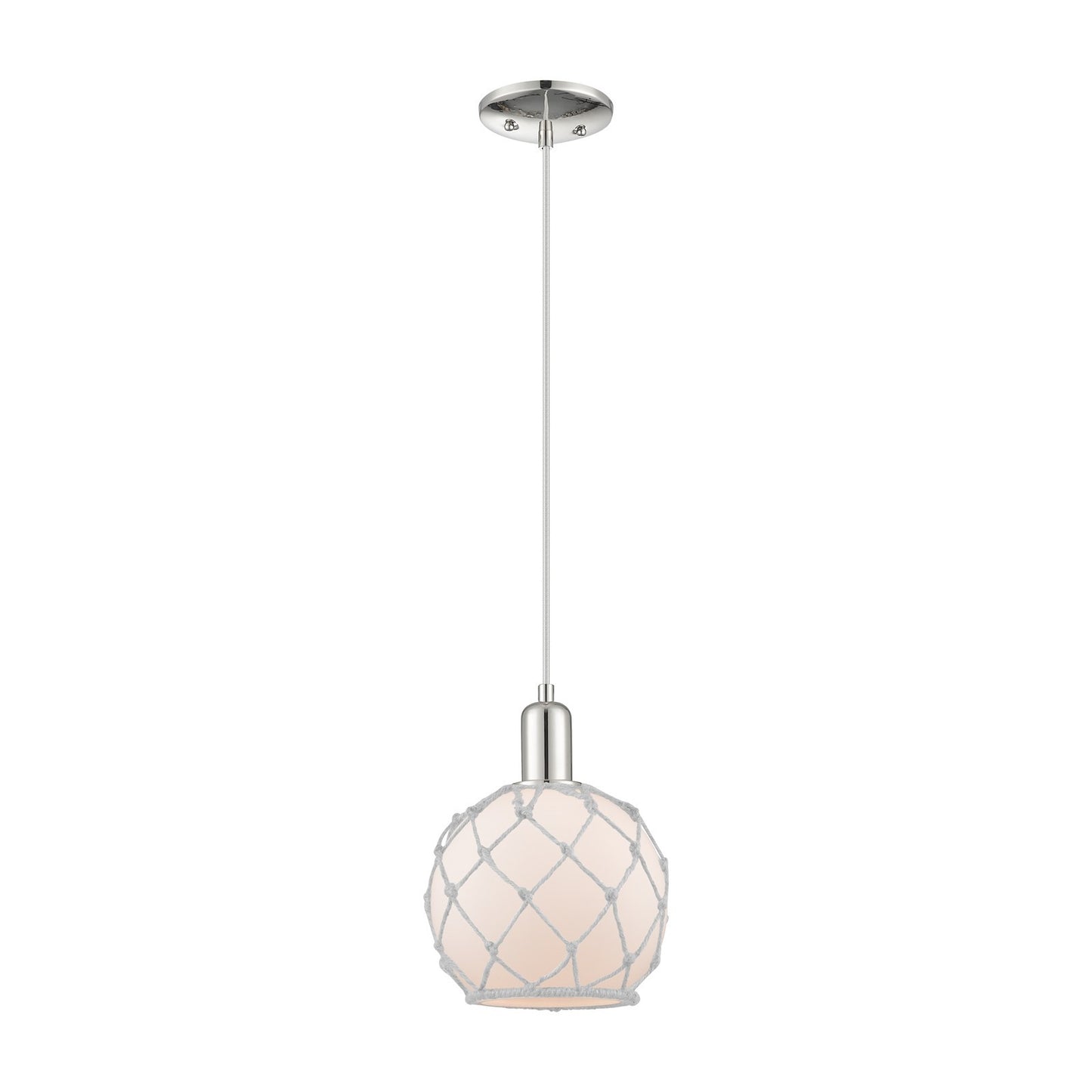 Innovations Farmhouse Rope 8in 1-Light Mini Pendant | Industrial Polished Nickel and White Frosted Glass with Rope | Kitchen | Model 716-1P-PN-G121-8RW