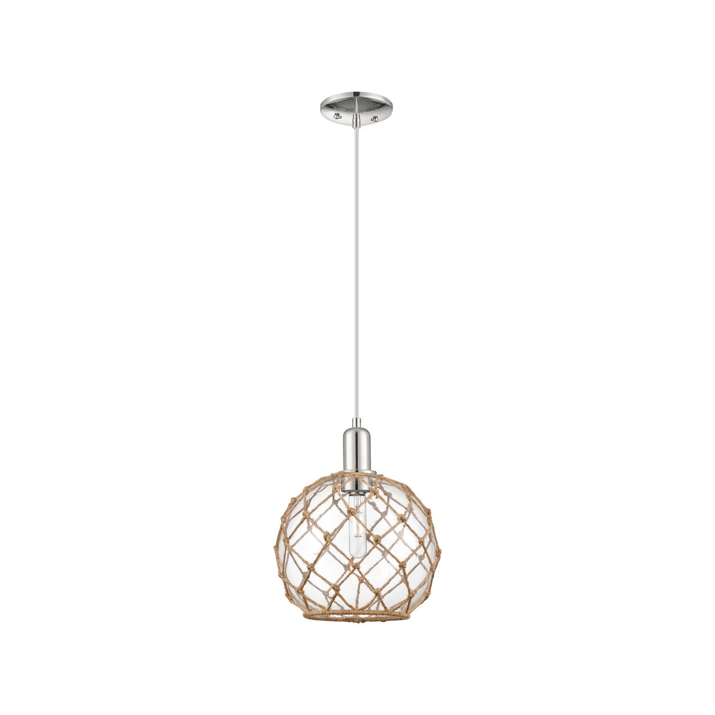 Innovations Farmhouse Rope 10in 1-Light Mini Pendant | Industrial Polished Nickel Steel and Clear Glass with Brown Rope | Model 716-1P-PN-G122-10RB