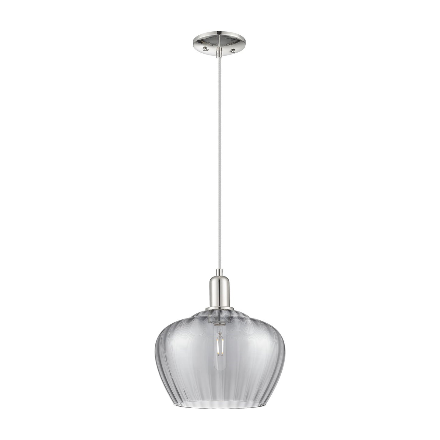 Innovations Fenton 11in 1-Light Mini Pendant | Industrial Polished Nickel and Light Smoke Ribbed Glass | Kitchen Island & Dining | Model 716-1P-PN-G93-L