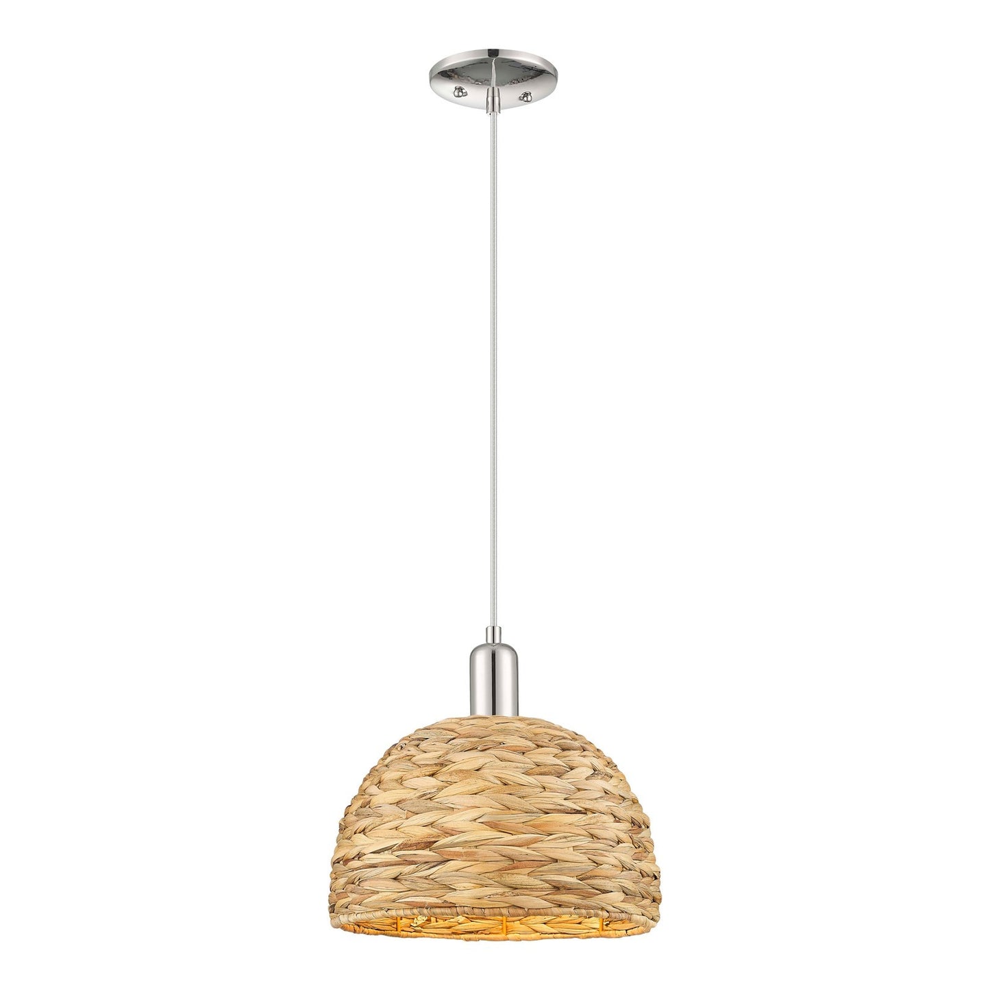 Innovations Woven Rattan 12in 1-Light Mini Pendant | Industrial Polished Nickel and Natural Fiber Dome Shade | Kitchen Island | Model 716-1P-PN-RBD-12-NAT
