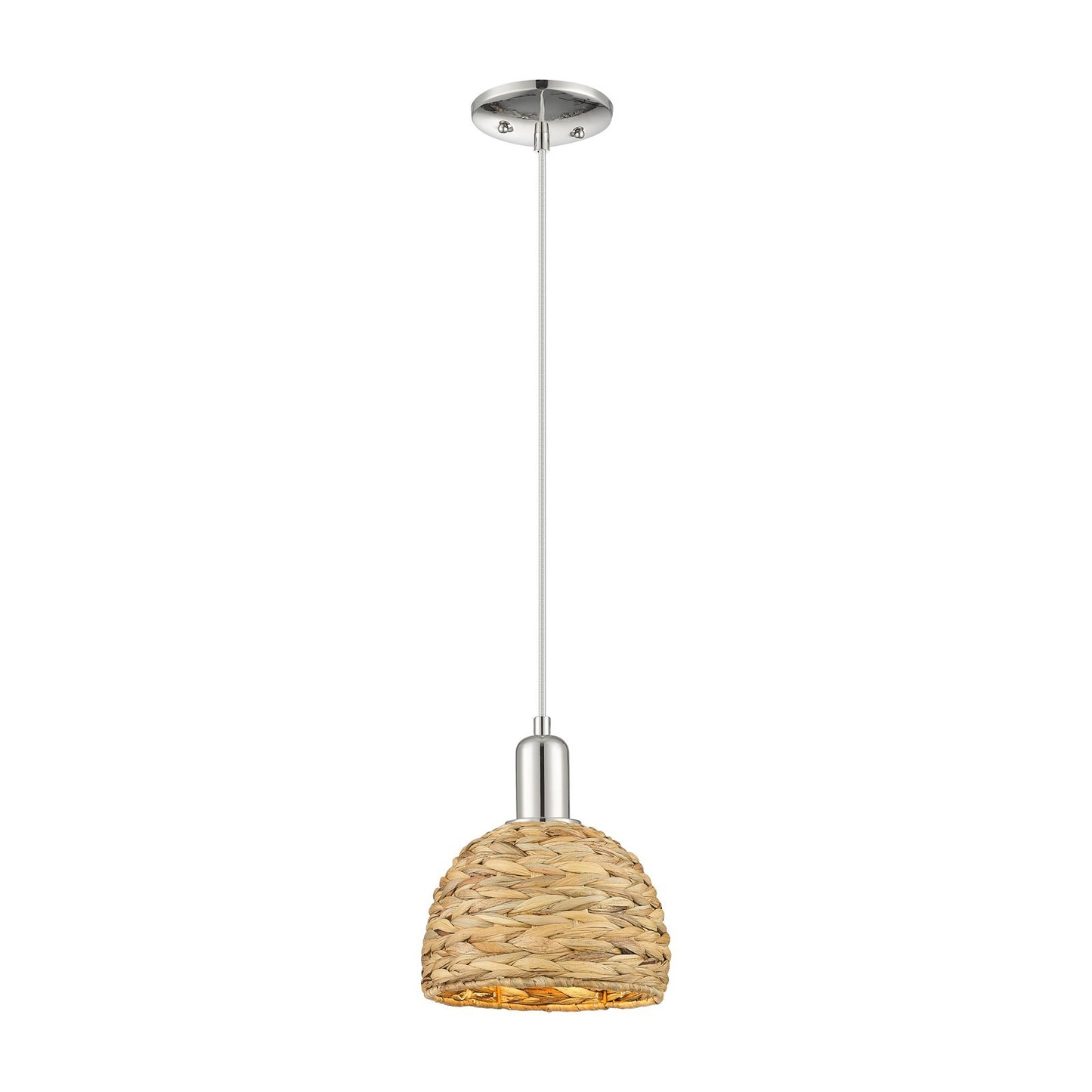 Innovations Woven Rattan 8in 1-Light Mini Pendant | Rustic Farmhouse Polished Nickel and Natural Woven Rattan | Kitchen Island | Model 716-1P-PN-RBD-8-NAT