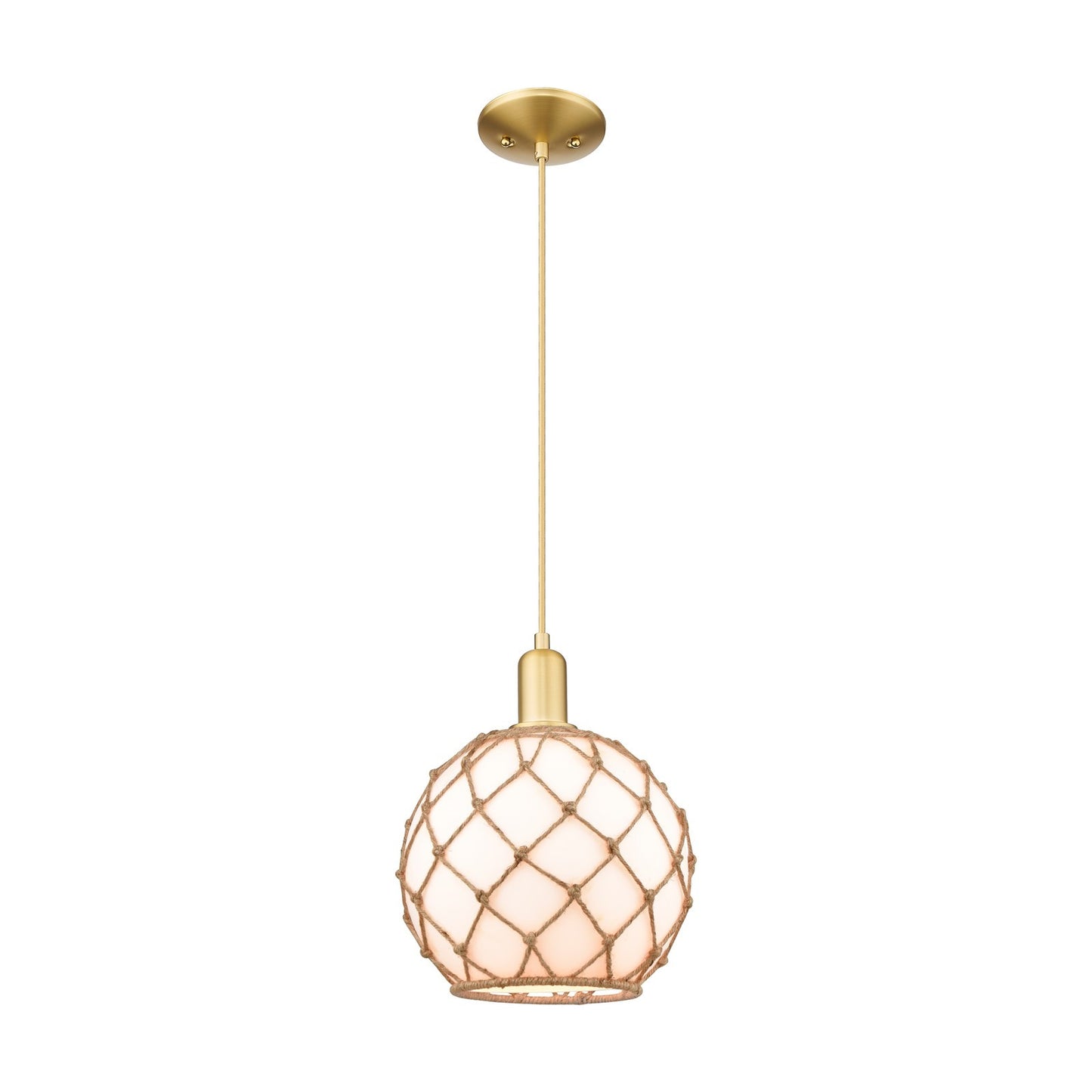 Innovations Farmhouse Rope 10in 1-Light Mini Pendant | Industrial Satin Gold Steel and Matte White Glass with Brown Rope | Model 716-1P-SG-G121-10RB