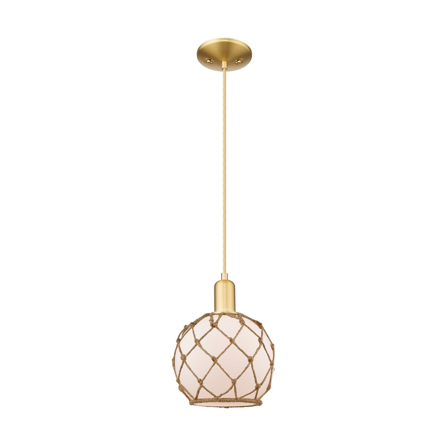 Innovations Farmhouse Rope 8in 1-Light Mini Pendant | Industrial Satin Gold Steel and White Frosted Glass with Brown Rope | Model 716-1P-SG-G121-8RB