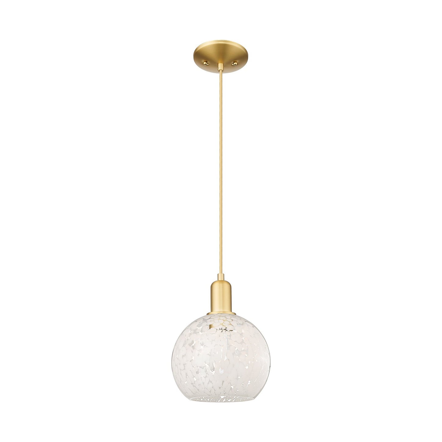 Innovations Lighting White Mouchette 8in 1-Light Mini Pendant | Industrial Satin Gold Steel and White Mouchette Glass | Model 716-1P-SG-G1216-8WM