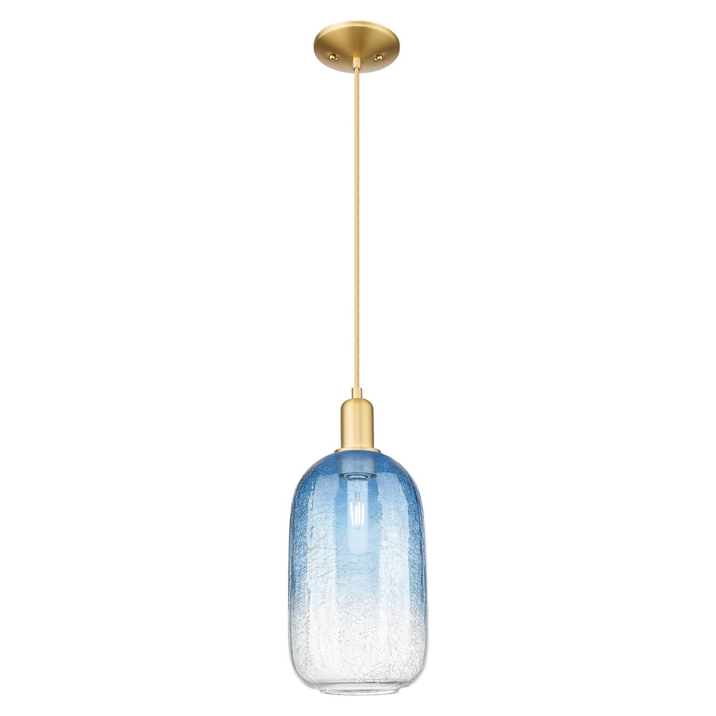 Innovations Brookhaven Cloche 7in 1-Light Mini Pendant | Industrial Satin Gold Steel and Sapphire Blue Glass | Kitchen Island & | Model 716-1P-SG-G482-7SB