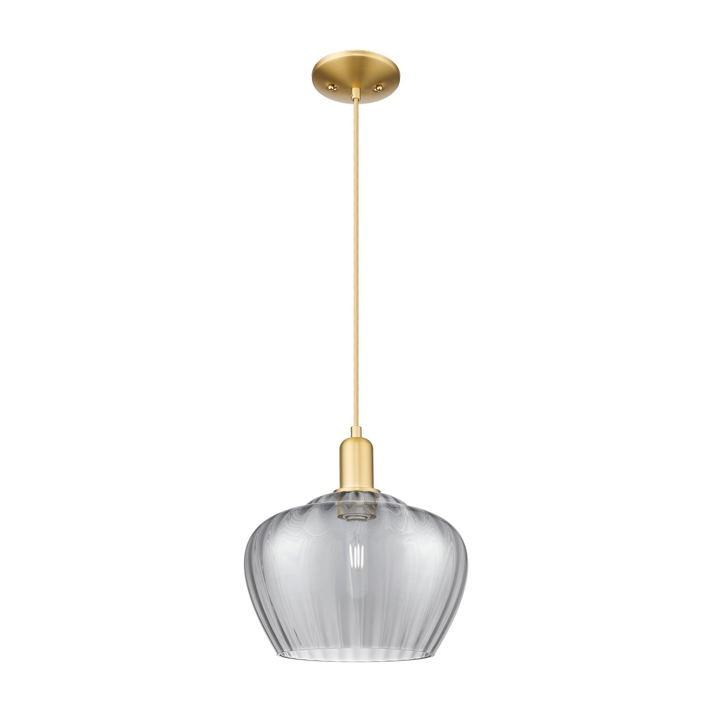 Innovations Fenton 11in 1-Light Mini Pendant | Industrial Satin Gold Steel and Light Smoke Ribbed Glass | Kitchen Island & Dining | Model 716-1P-SG-G93-L