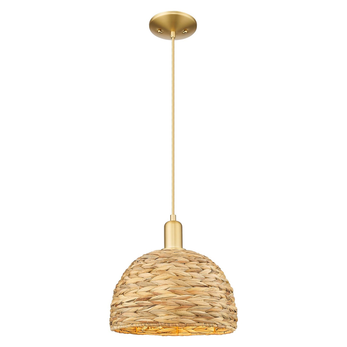 Innovations Woven Rattan 12in 1-Light Mini Pendant | Industrial Satin Gold Steel and Natural Fiber Shade | Kitchen Island & | Model 716-1P-SG-RBD-12-NAT