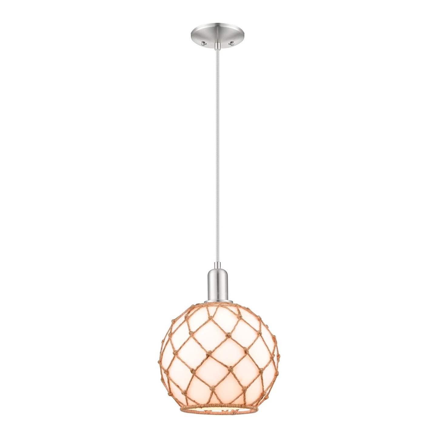 Innovations Farmhouse Rope 10in 1-Light Mini Pendant | Industrial Brushed Satin Nickel and Matte White Glass with Brown Rope | Model 716-1P-SN-G121-10RB