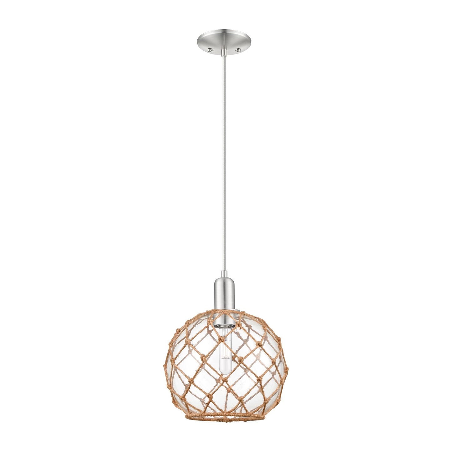 Innovations Farmhouse Rope 10in 1-Light Mini Pendant | Industrial Brushed Satin Nickel and Clear Glass with Brown Rope | Model 716-1P-SN-G122-10RB