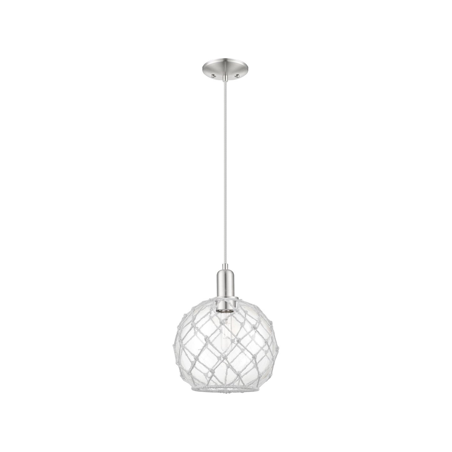Innovations Farmhouse Rope 10in 1-Light Mini Pendant | Industrial Brushed Satin Nickel Steel and Clear Glass with White Rope | Model 716-1P-SN-G122-10RW