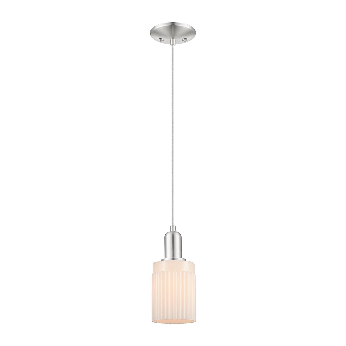Innovations Hadley 1-Light Mini Pendant | Industrial Brushed Satin Nickel and Matte White Ribbed Glass | Kitchen Island & Dining | Model 716-1P-SN-G341