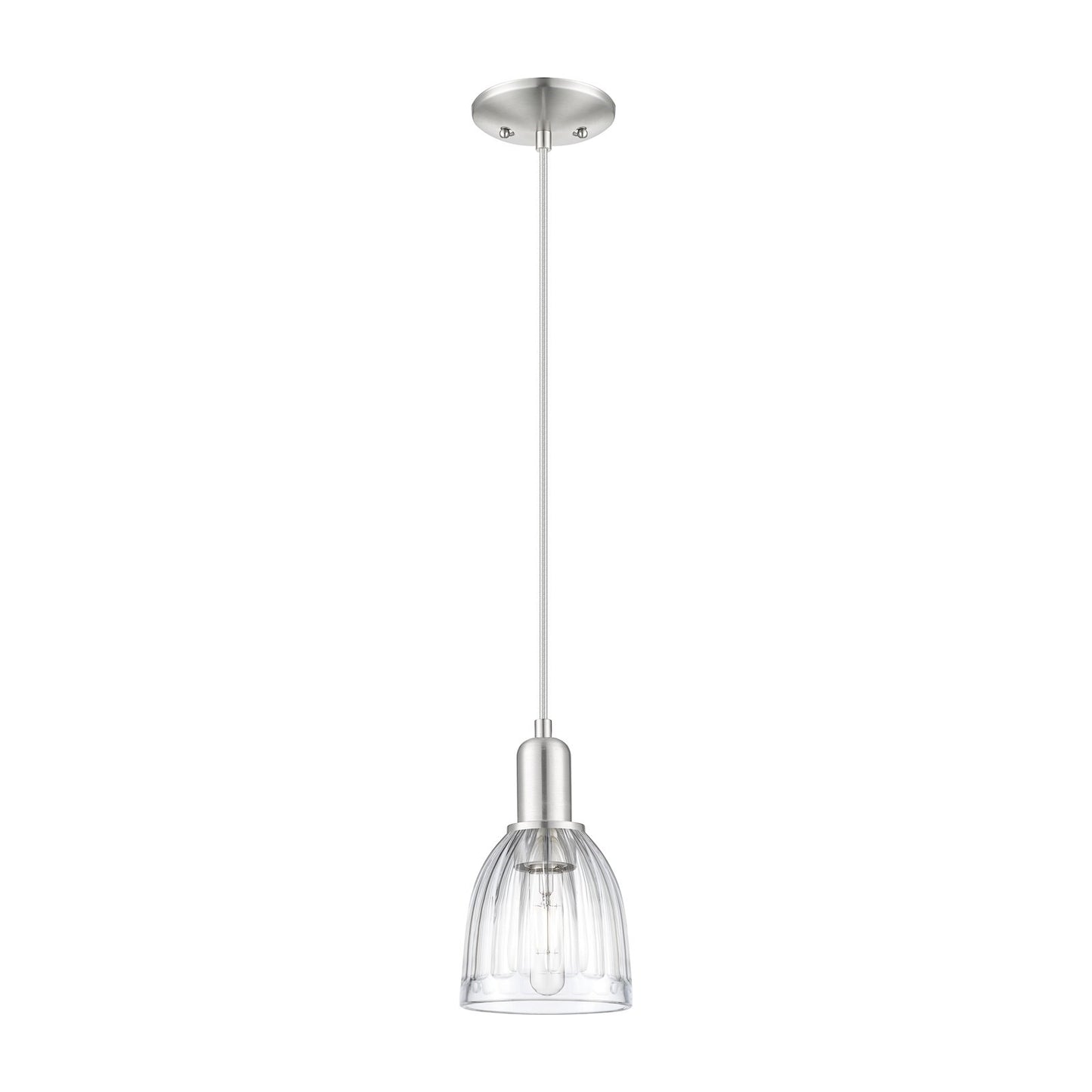 Innovations Brookfield 6in 1-Light Mini Pendant | Industrial Brushed Satin Nickel Steel and Clear Ribbed Glass | Kitchen Island & | Model 716-1P-SN-G442