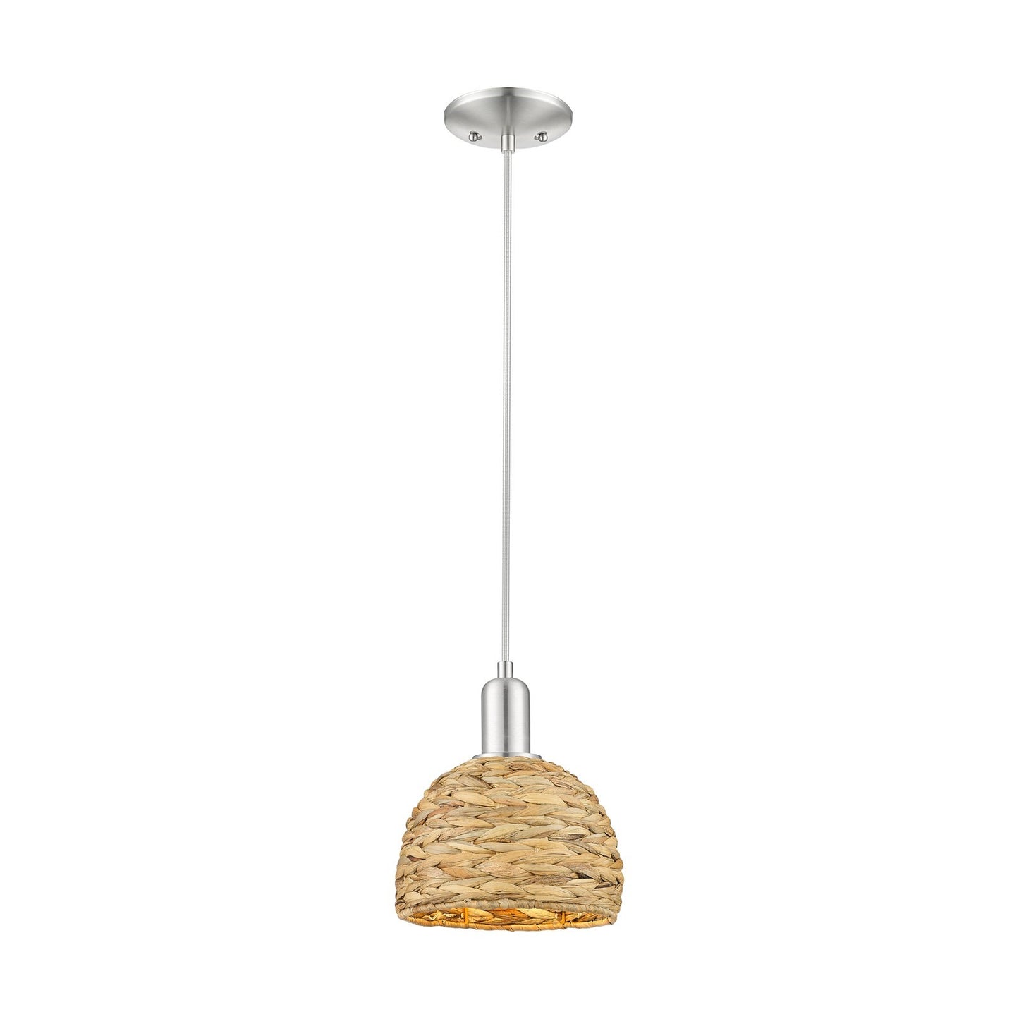 Innovations Woven Rattan 8in 1-Light Mini Pendant | Rustic Farmhouse Satin Nickel and Natural Woven Rattan | Kitchen Island & | Model 716-1P-SN-RBD-8-NAT