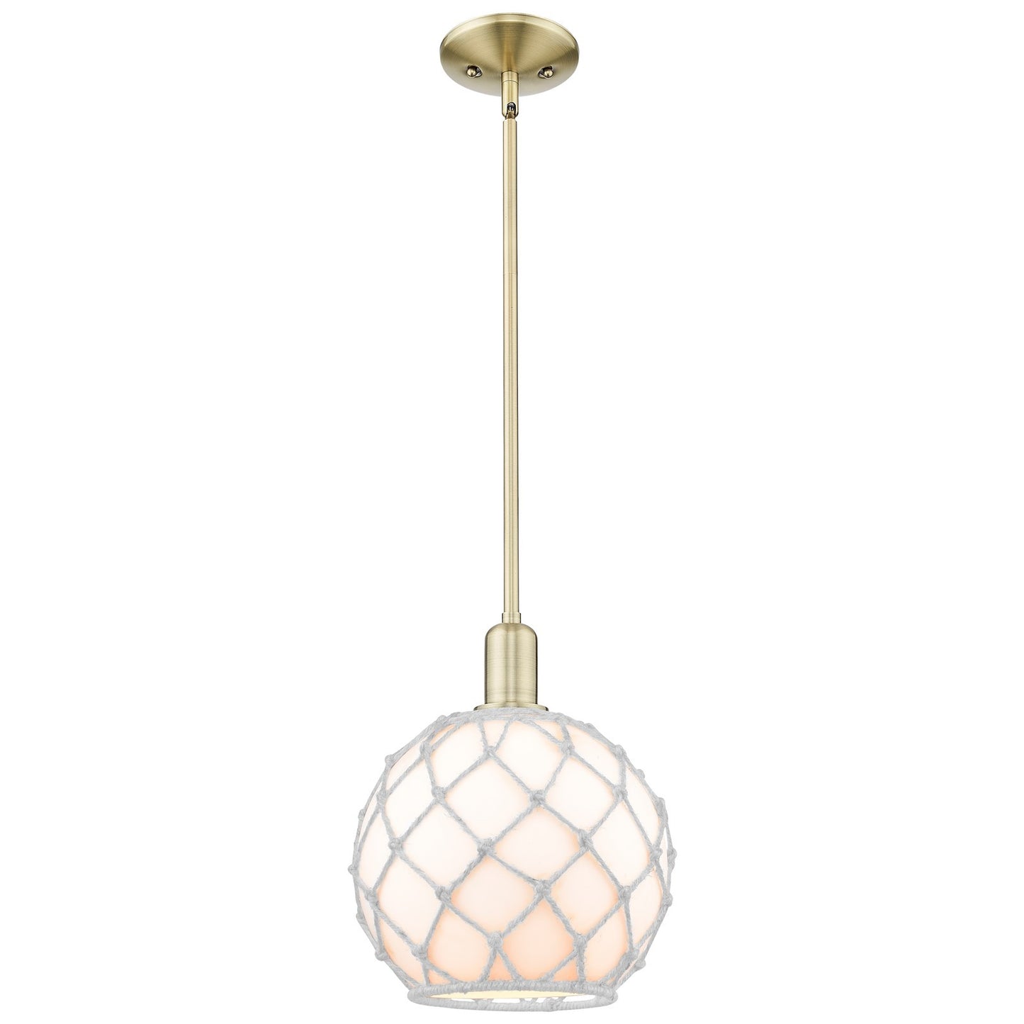 Innovations Farmhouse Rope 10in 1-Light Mini Pendant | Industrial Antique Brass and White Glass with White Rope | Kitchen | Model 716-1S-AB-G121-10RW