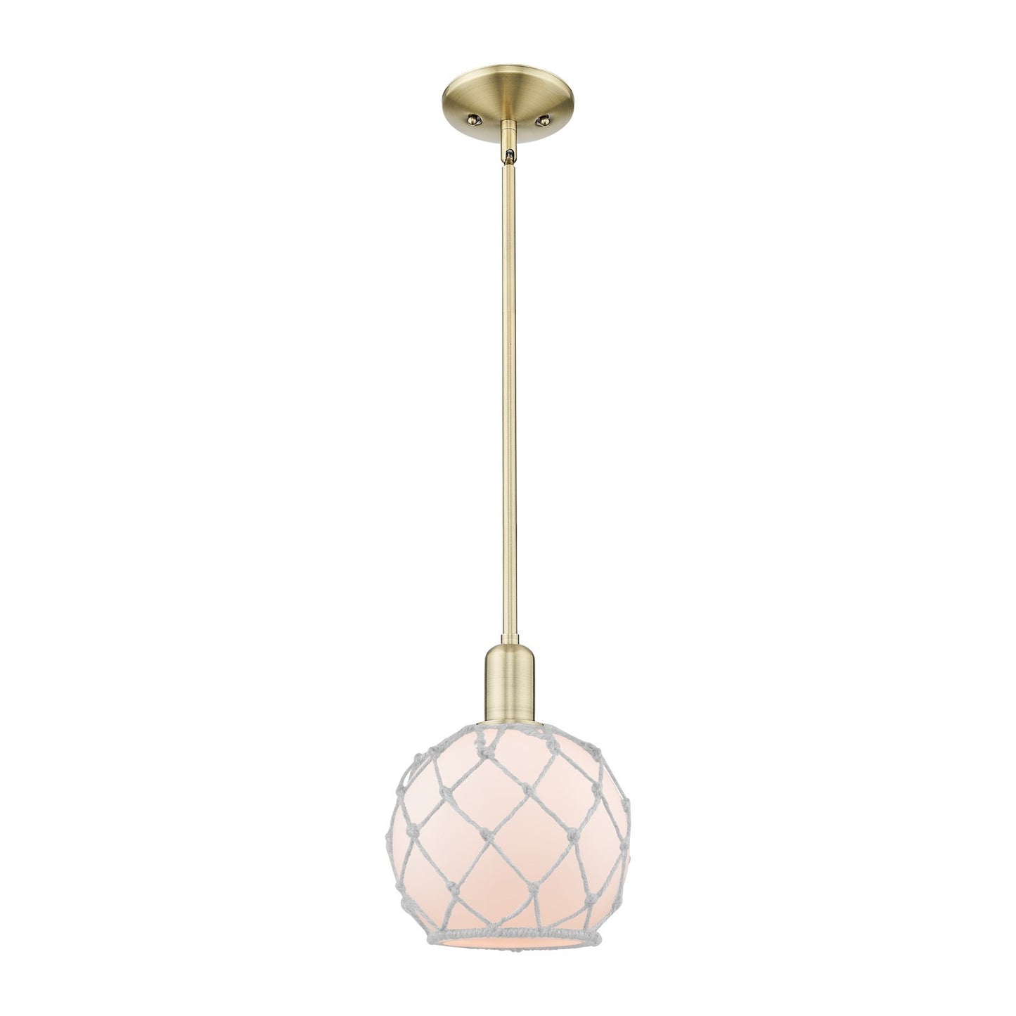 Innovations Farmhouse Rope 8in 1-Light Mini Pendant | Industrial Antique Brass Steel and White Frosted Glass with Rope | Model 716-1S-AB-G121-8RW