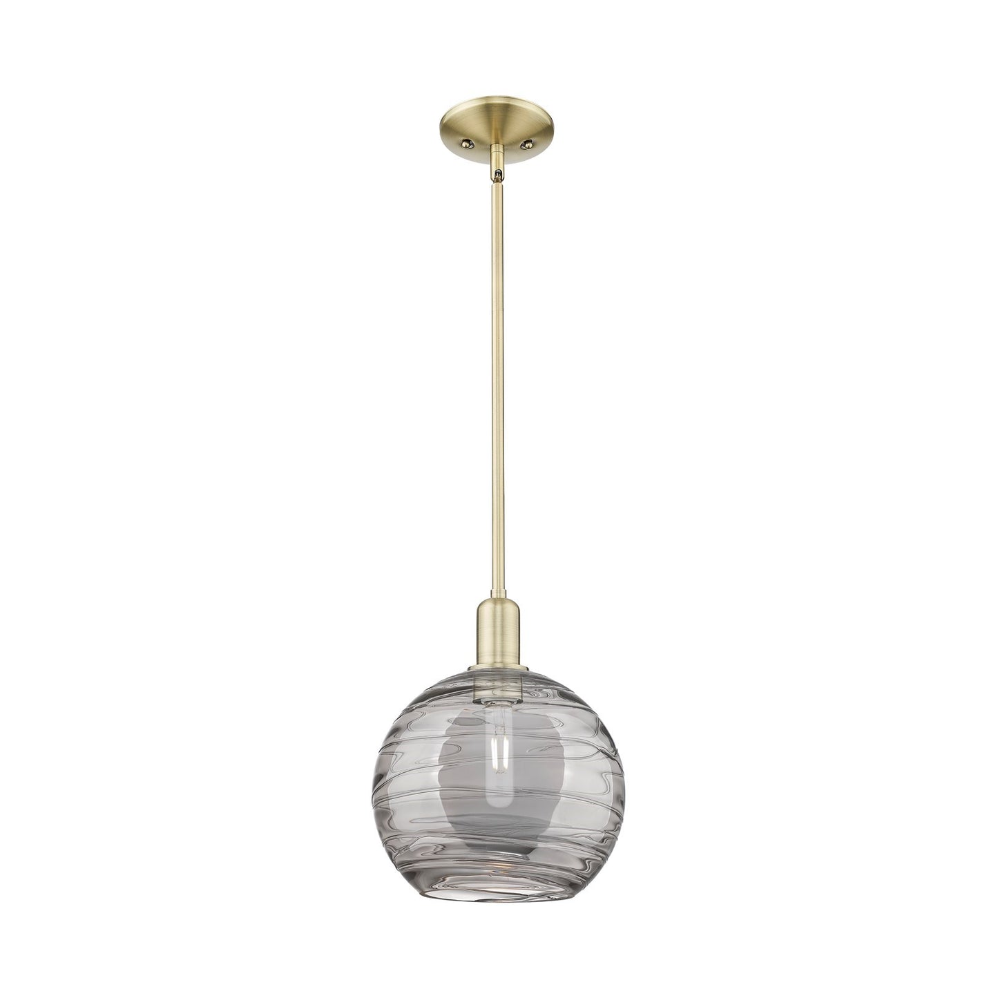 Innovations Athens Deco Swirl 10in 1-Light Mini Pendant | Industrial Antique Brass Steel and Light Smoke Glass | Kitchen | Model 716-1S-AB-G1213-10SM