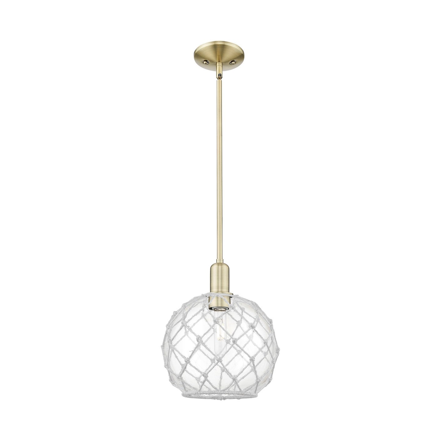 Innovations Farmhouse Rope 10in 1-Light Mini Pendant | Industrial Antique Brass Steel and Clear Glass with White Rope | Model 716-1S-AB-G122-10RW