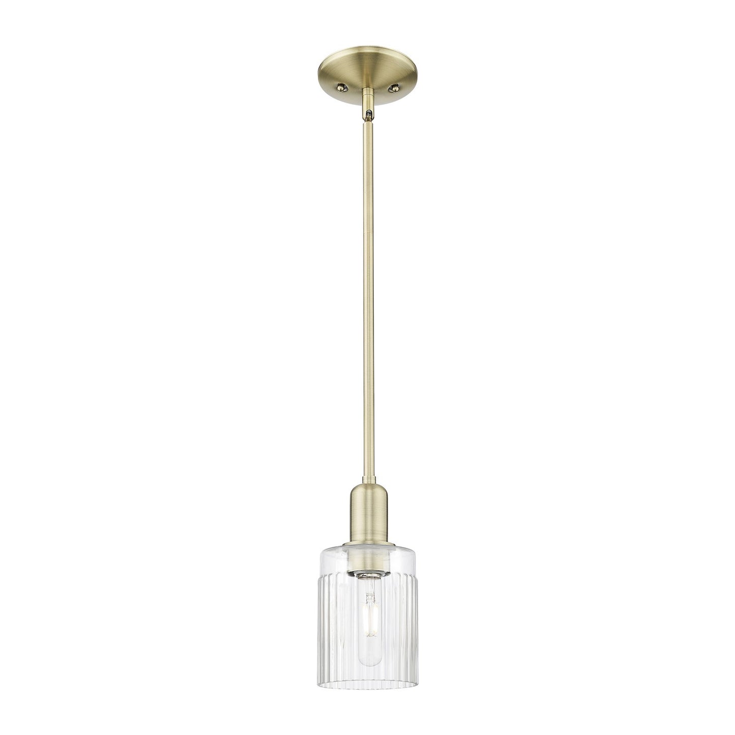 Innovations Hadley 4.5in 1-Light Mini Pendant | Industrial Antique Brass Steel and Clear Ribbed Glass | Kitchen Island & Dining | Model 716-1S-AB-G342