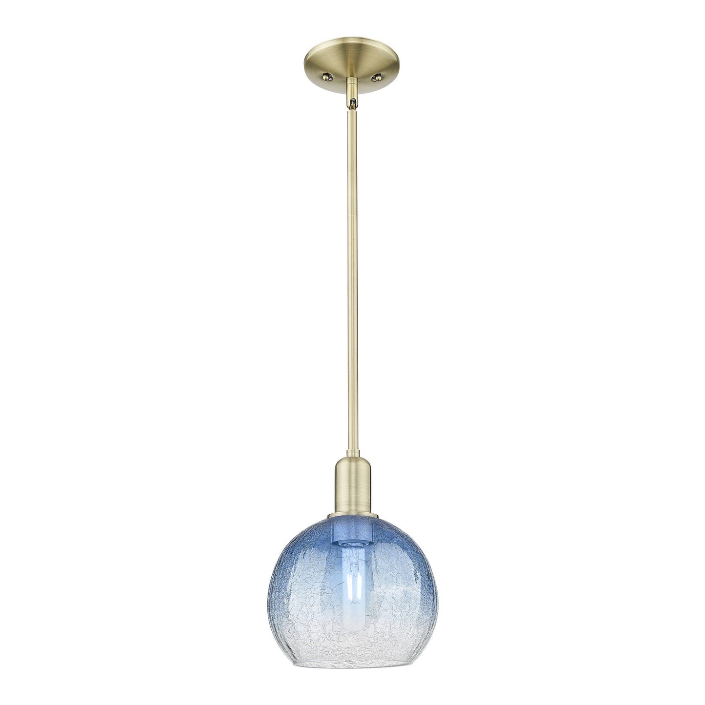 Innovations Brookhaven Globe 8in 1-Light Mini Pendant | Industrial Antique Brass Steel and Sapphire Blue Glass | Kitchen Island | Model 716-1S-AB-G483-8SB