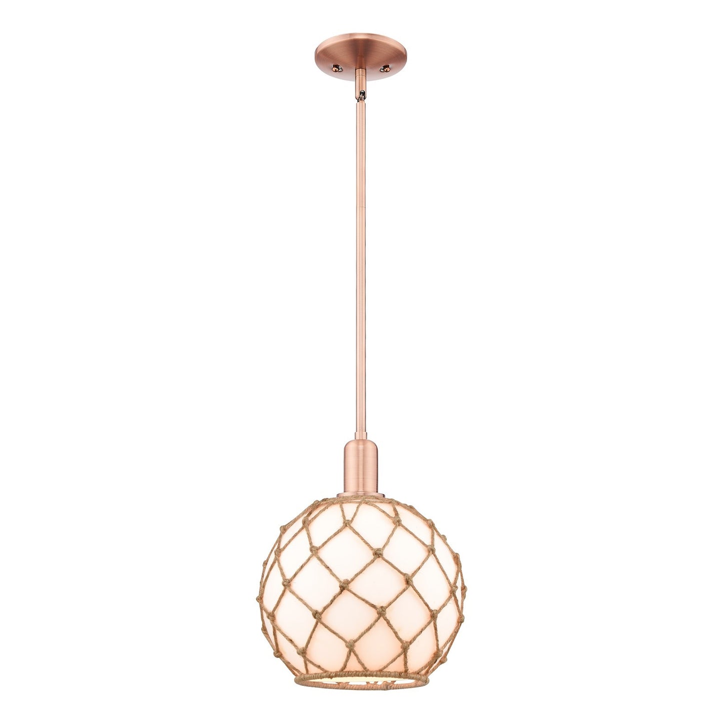 Innovations Farmhouse Rope 10in 1-Light Mini Pendant | Industrial Antique Copper Steel and Matte White Glass with Rope | Model 716-1S-AC-G121-10RB