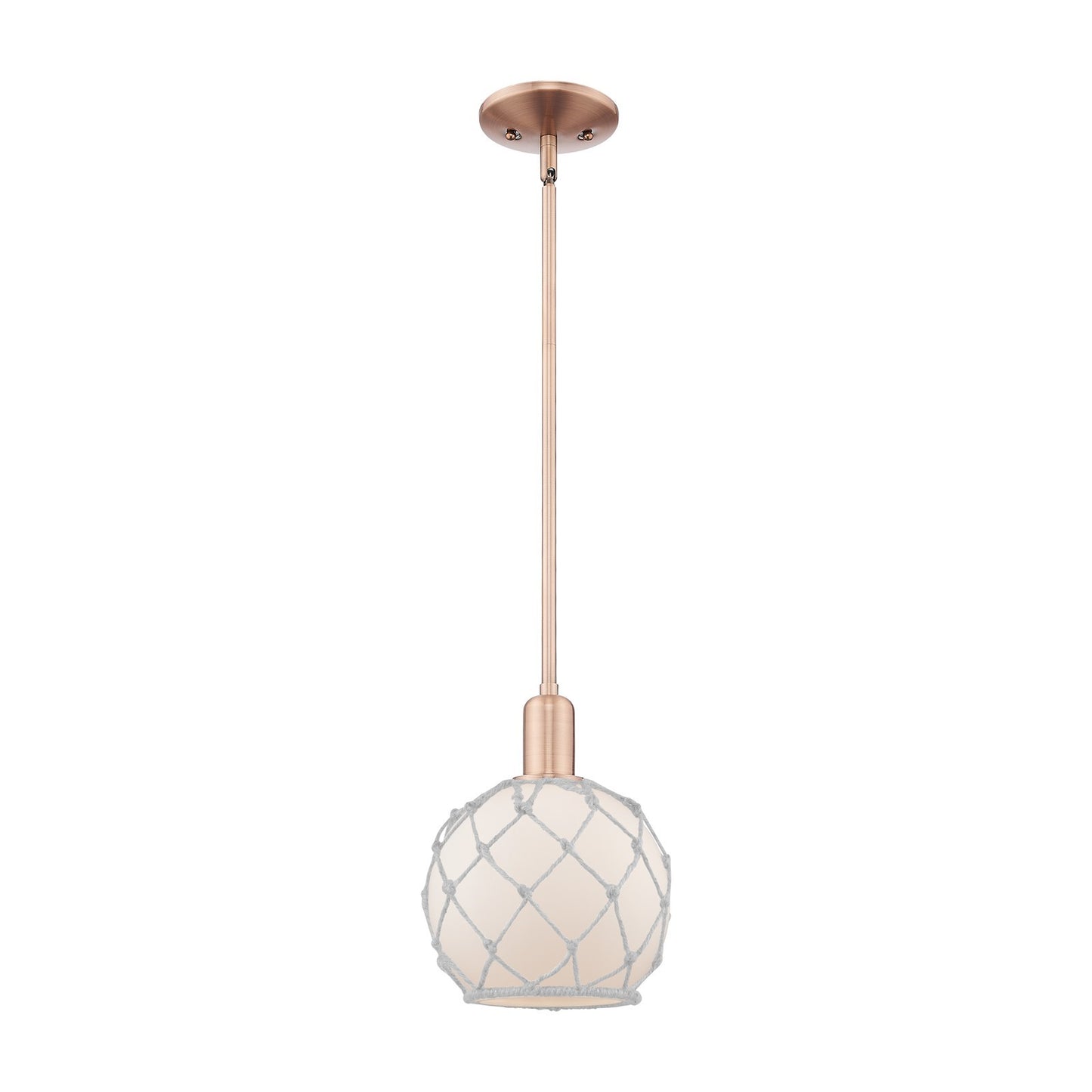 Innovations Farmhouse Rope 8in 1-Light Mini Pendant | Industrial Antique Copper Steel and White Frosted Glass with Rope | Model 716-1S-AC-G121-8RW