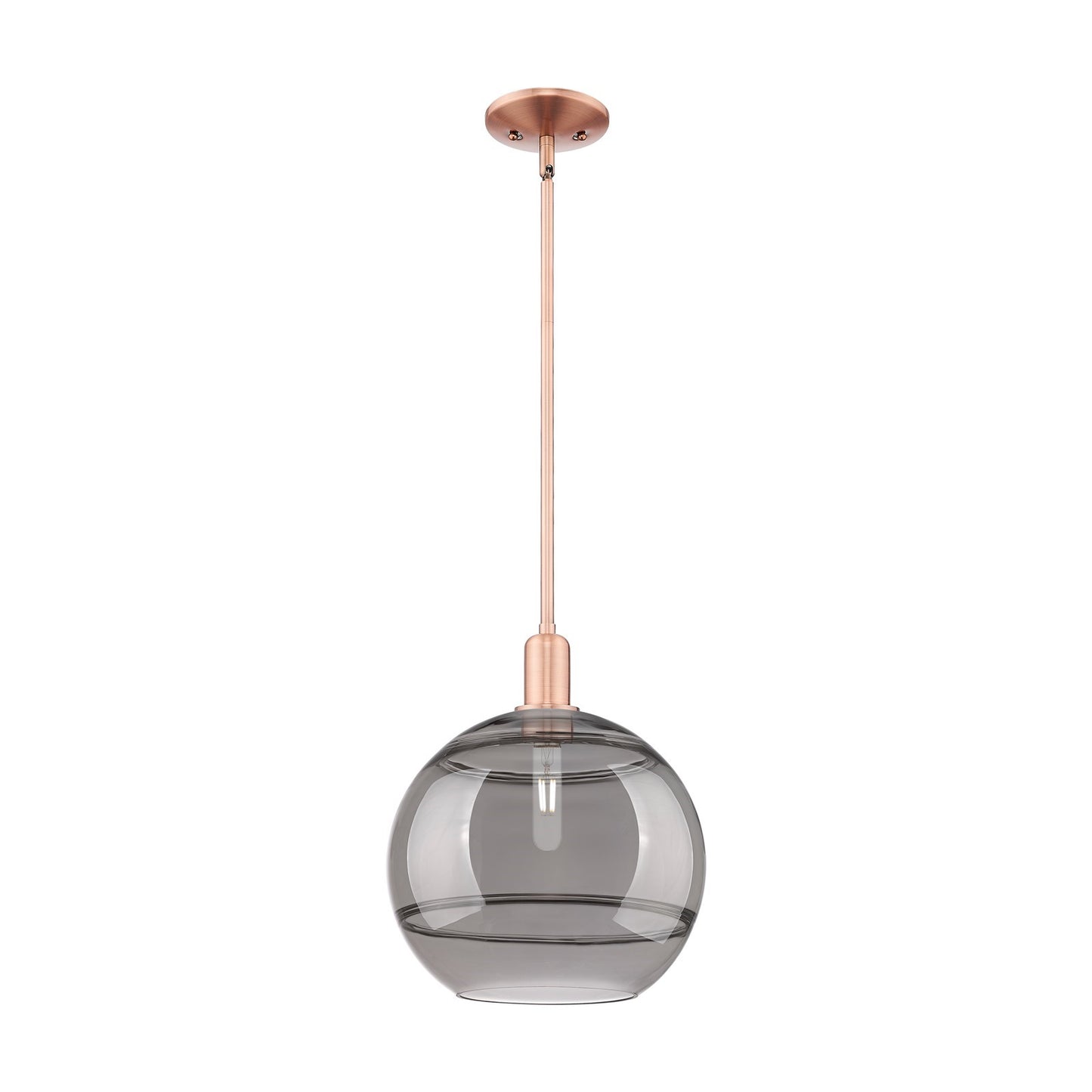 Innovations Rochester 12in 1-Light Mini Pendant | Industrial Antique Copper Steel and Light Smoke Glass | Kitchen Island & | Model 716-1S-AC-G556-12SM