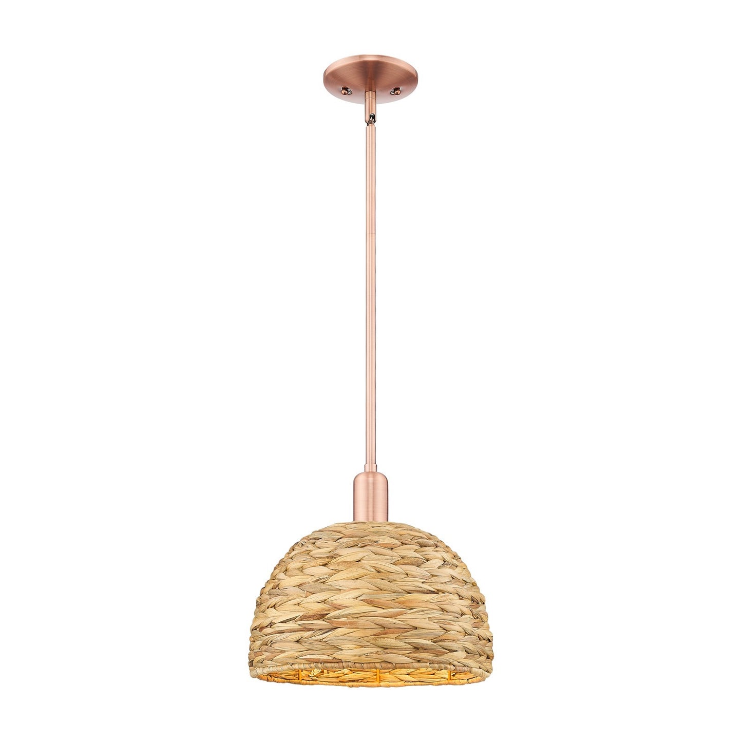 Innovations Woven Rattan 12in 1-Light Mini Pendant | Industrial Antique Copper Steel and Natural Rattan | Kitchen Island & | Model 716-1S-AC-RBD-12-NAT