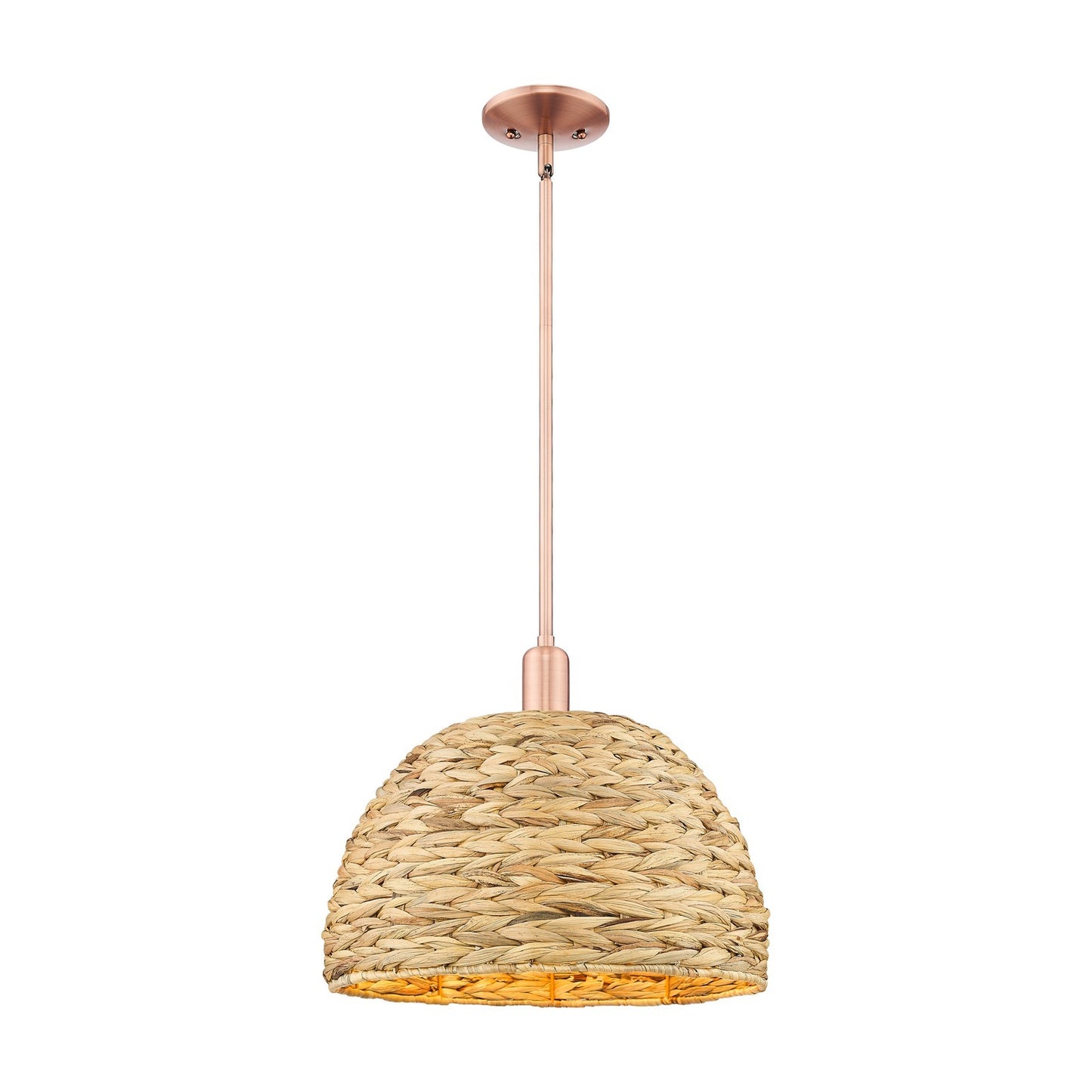 Innovations Woven Rattan 16in 1-Light Mini Pendant | Industrial Antique Copper and Natural Fiber Shade | Kitchen Island & | Model 716-1S-AC-RBD-16-NAT