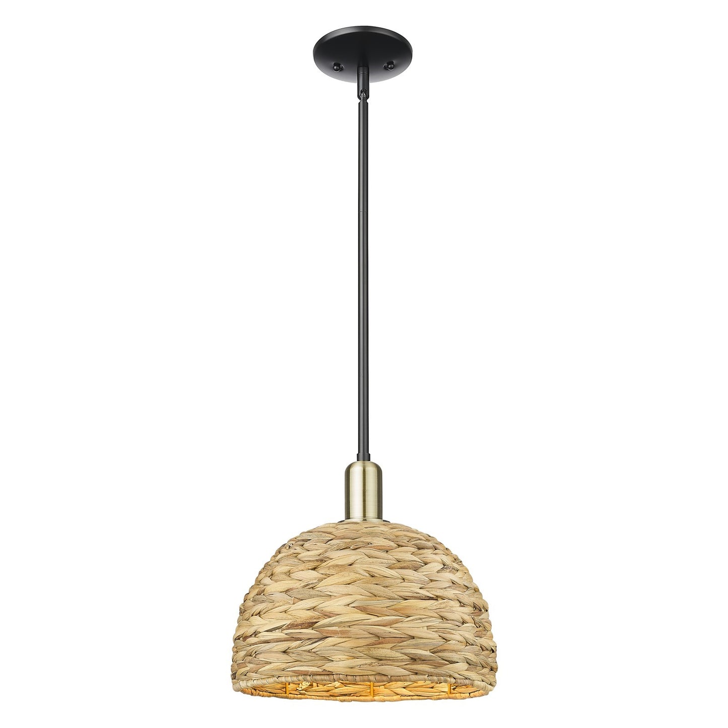 Innovations Woven Rattan 12in 1-Light Mini Pendant | Industrial Black Antique Brass and Natural Fiber | Kitchen Island & | Model 716-1S-BAB-RBD-12-NAT