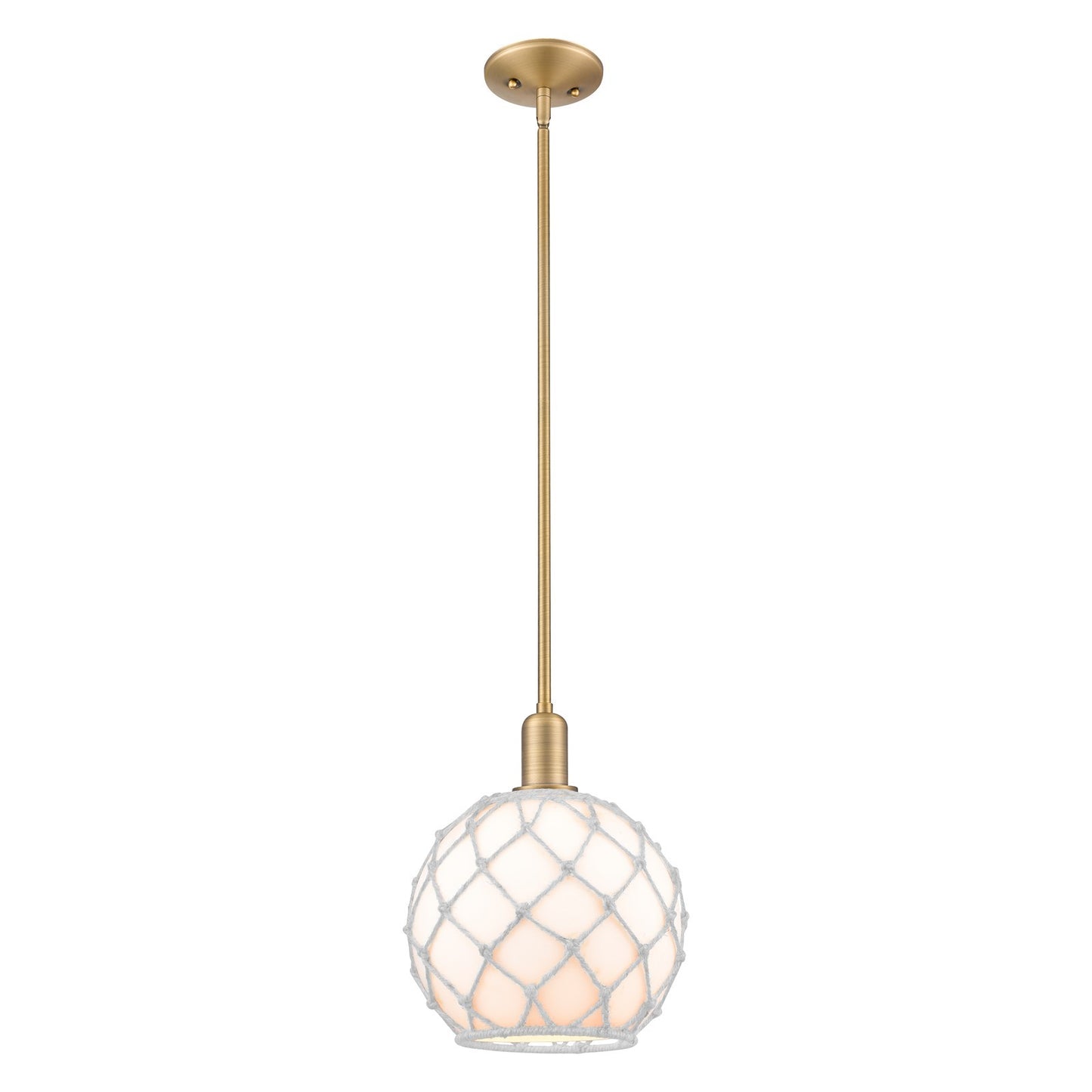 Innovations Farmhouse Rope 10in 1-Light Mini Pendant | Industrial Brushed Brass Steel and White Glass with White Rope | Model 716-1S-BB-G121-10RW