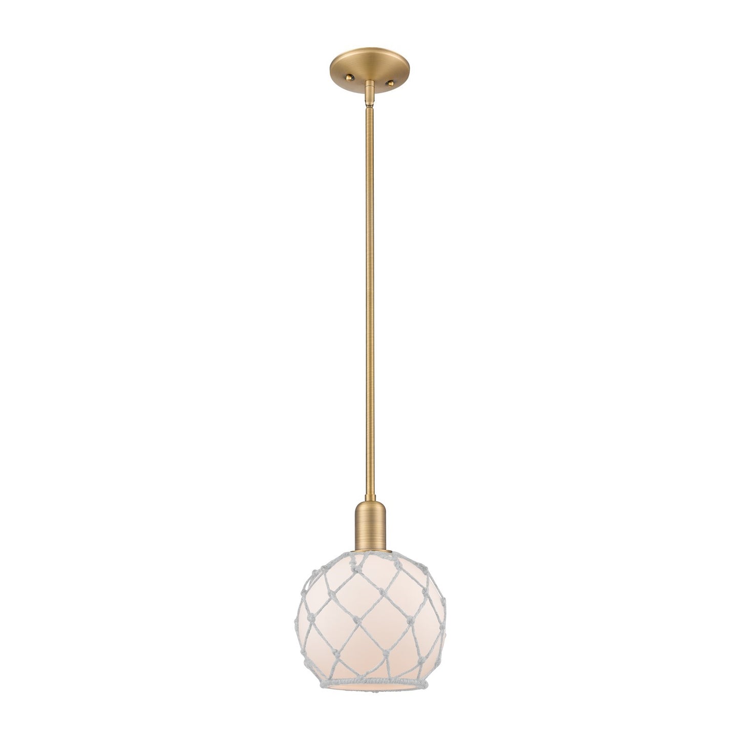 Innovations Farmhouse Rope 8in 1-Light Mini Pendant | Industrial Brushed Brass and White Glass with Rope | Kitchen Island & | Model 716-1S-BB-G121-8RW