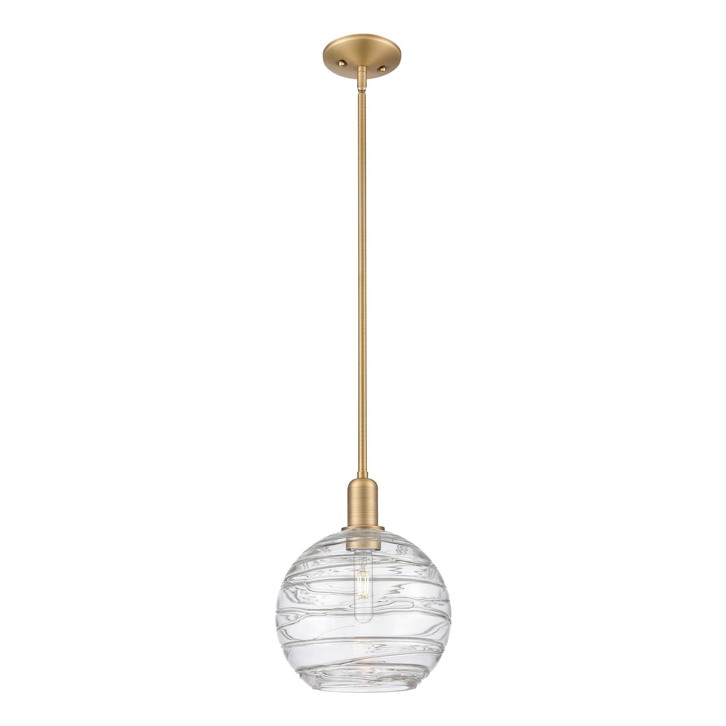 Innovations Athens Deco Swirl 10in 1-Light Mini Pendant | Industrial Brushed Brass and Clear Deco Swirl Glass | Kitchen | Model 716-1S-BB-G1213-10CL