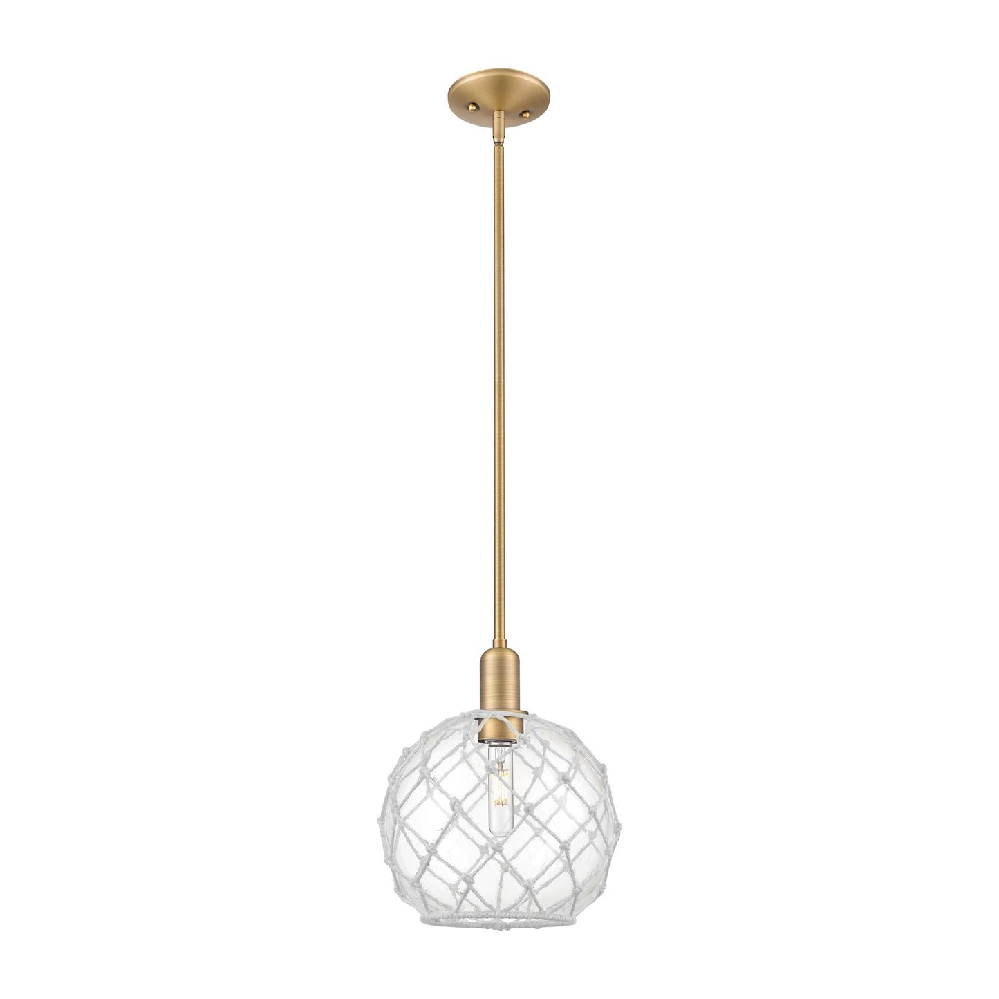 Innovations Farmhouse Rope 10in 1-Light Mini Pendant | Industrial Brushed Brass Steel and Clear Glass with White Rope | Model 716-1S-BB-G122-10RW