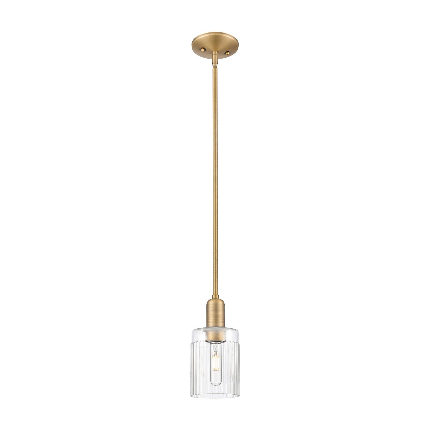 Innovations Hadley 4.5in 1-Light Mini Pendant | Industrial Brushed Brass Steel and Clear Ribbed Glass | Kitchen Island & Dining | Model 716-1S-BB-G342