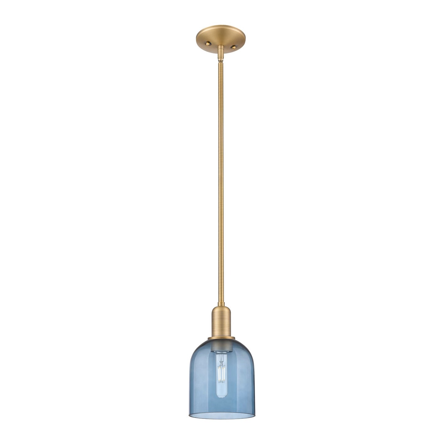 Innovations Bella 6in 1-Light Mini Pendant | Industrial Brushed Brass and Blue Glass | Kitchen Island & Dining Room | 5.5 x 5.5 | Model 716-1S-BB-G558-6BL