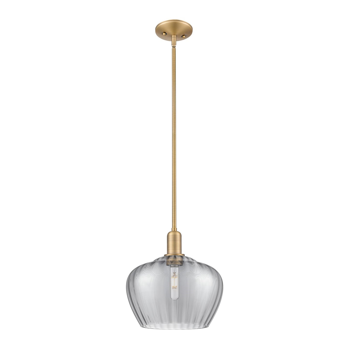 Innovations Fenton 11in 1-Light Mini Pendant | Industrial Brushed Brass and Light Smoke Ribbed Glass | Kitchen Island & Dining | Model 716-1S-BB-G93-L