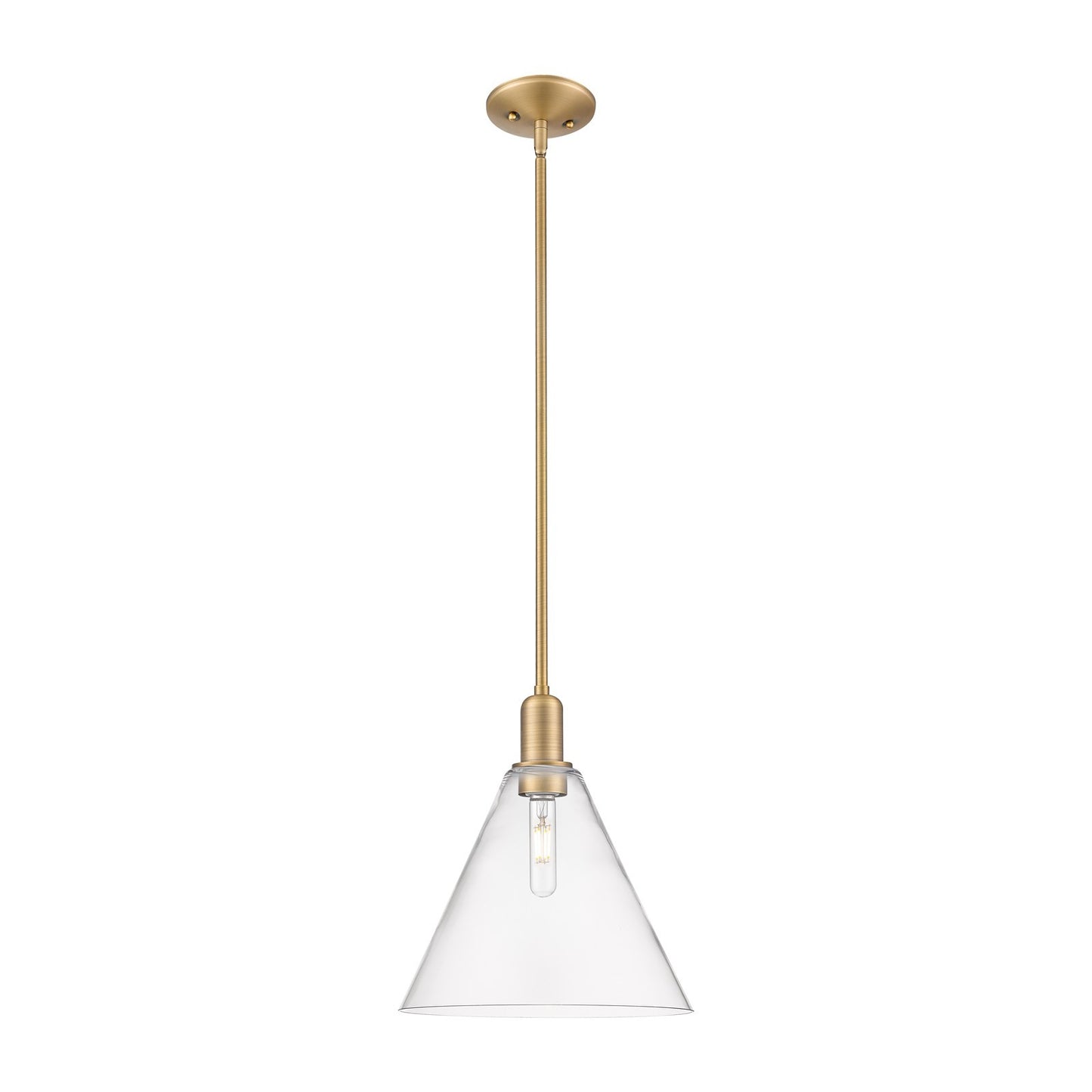 Innovations Berkshire Glass 12in 1-Light Mini Pendant | Industrial Brushed Brass Steel and Clear Cone Glass | Kitchen Island & | Model 716-1S-BB-GBC-122