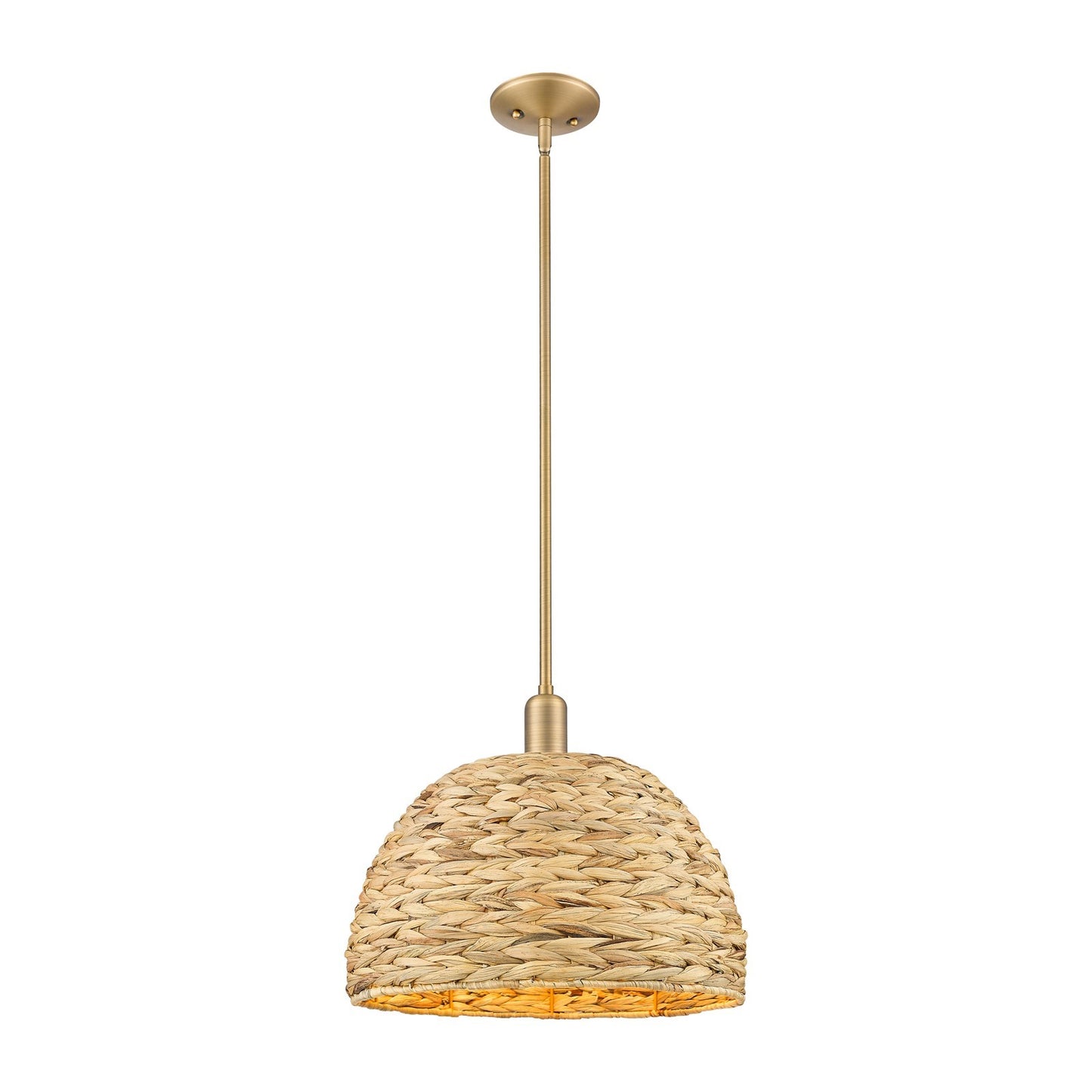 Innovations Woven Rattan 16in 1-Light Mini Pendant | Industrial Brushed Brass and Natural Fiber Dome Shade | Kitchen Island & | Model 716-1S-BB-RBD-16-NAT