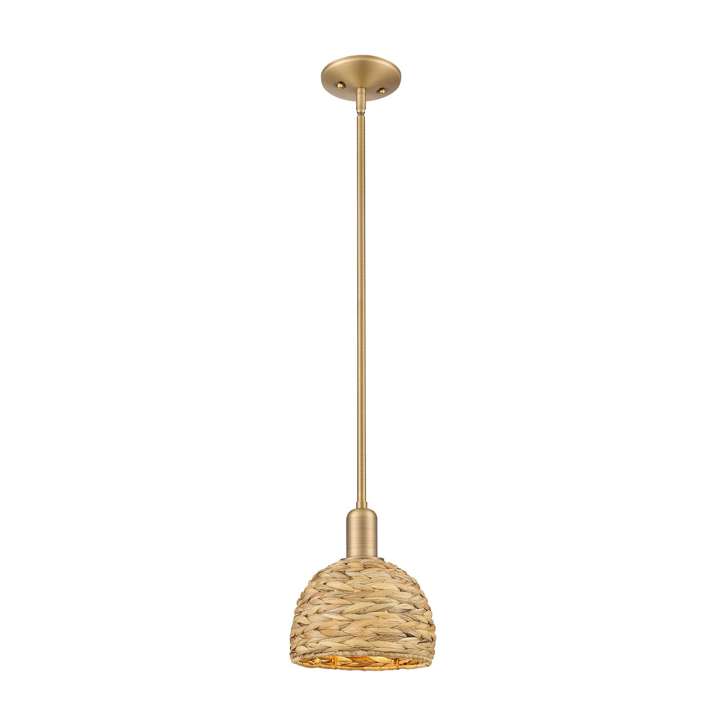 Innovations Arcadia 8in 1-Light Mini Pendant | Rustic Brushed Brass and Natural Woven Rattan | Kitchen Island & Dining Room | Model 716-1S-BB-RBD-8-NAT
