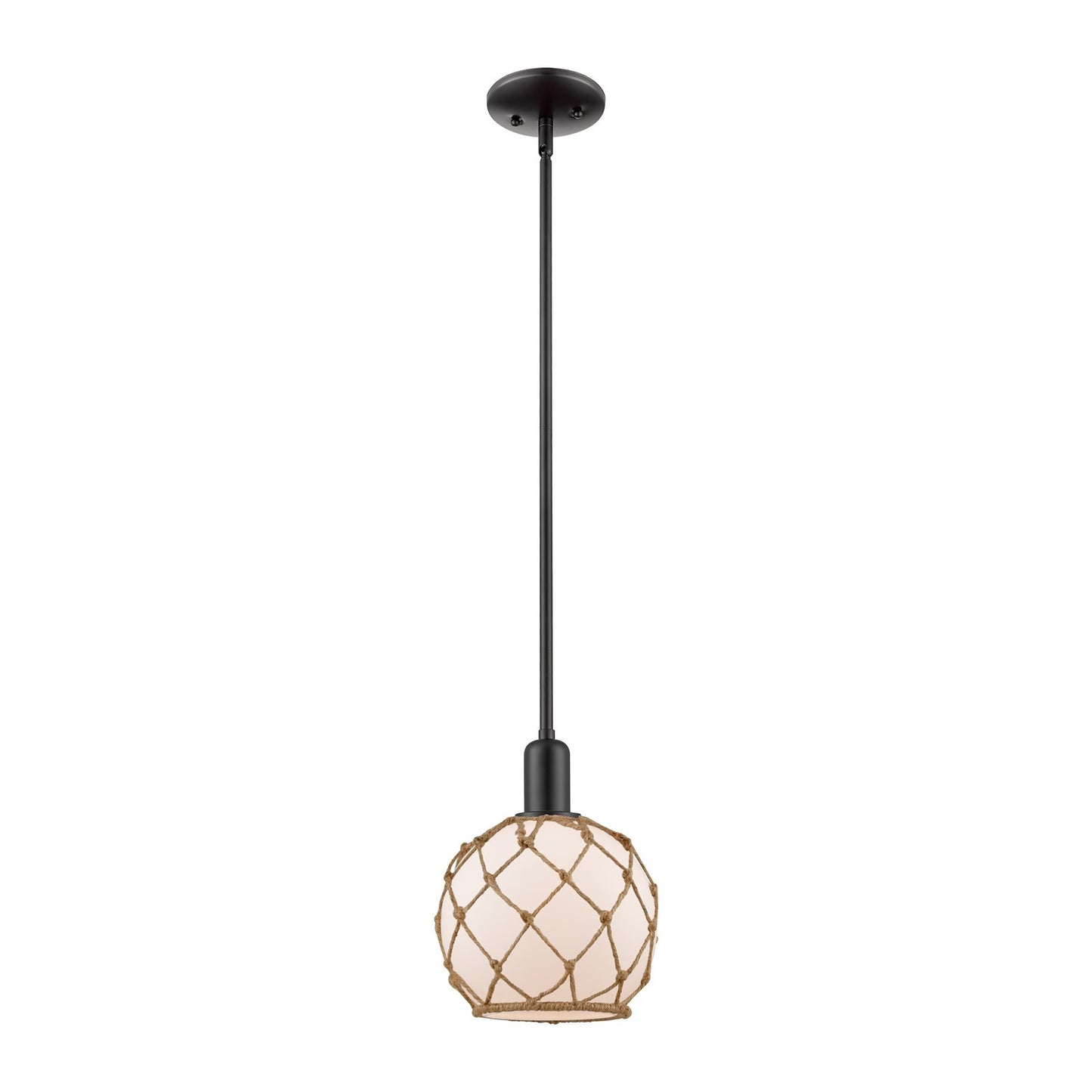 Innovations Farmhouse Rope 8in 1-Light Mini Pendant | Industrial Matte Black Steel and White Frosted Glass with Brown Rope | Model 716-1S-BK-G121-8RB