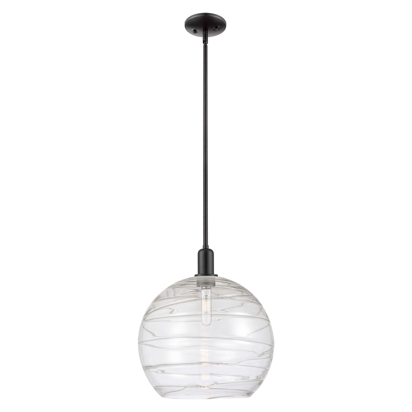 Innovations Athens Deco Swirl 14in 1-Light Mini Pendant | Industrial Matte Black Steel and Clear Deco Swirl Glass | Kitchen | Model 716-1S-BK-G1213-14CL