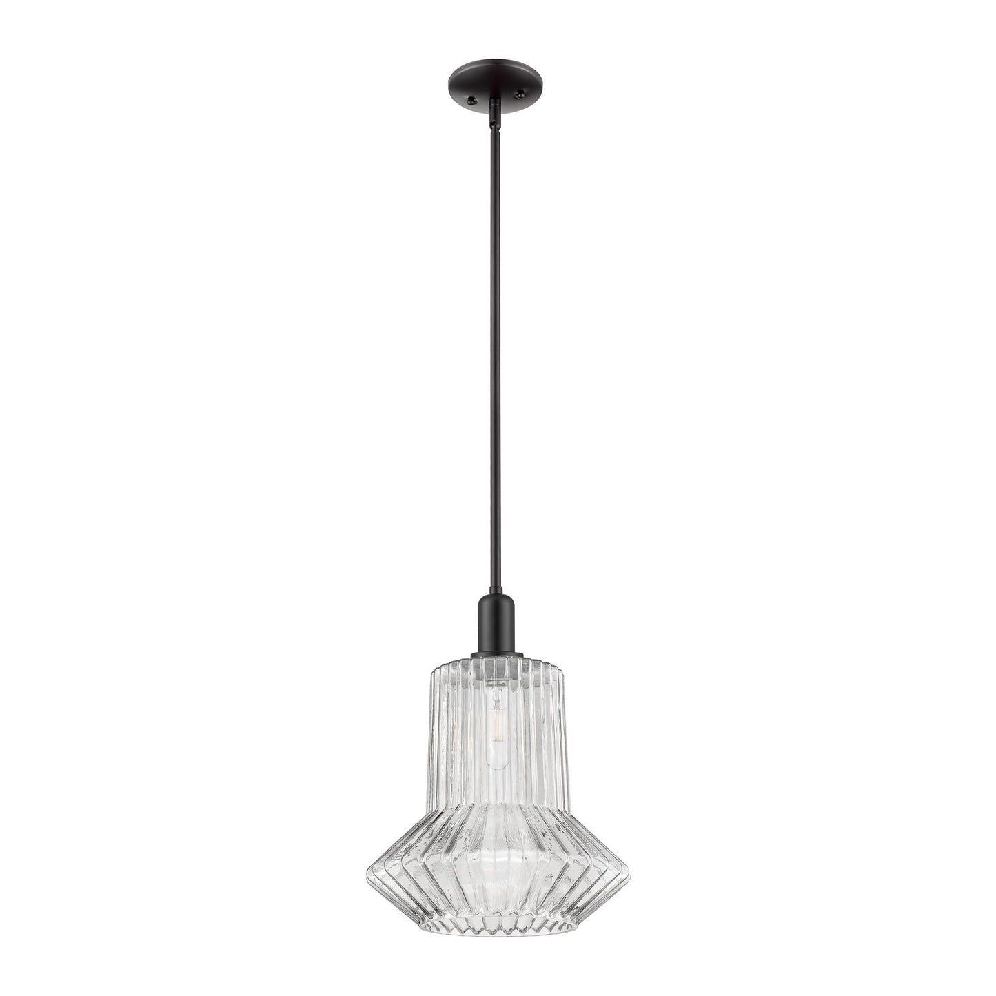 Innovations Springwater 12in 1-Light Mini Pendant | Industrial Matte Black Steel and Clear Fluted Glass | Kitchen Island & Dining | Model 716-1S-BK-G212