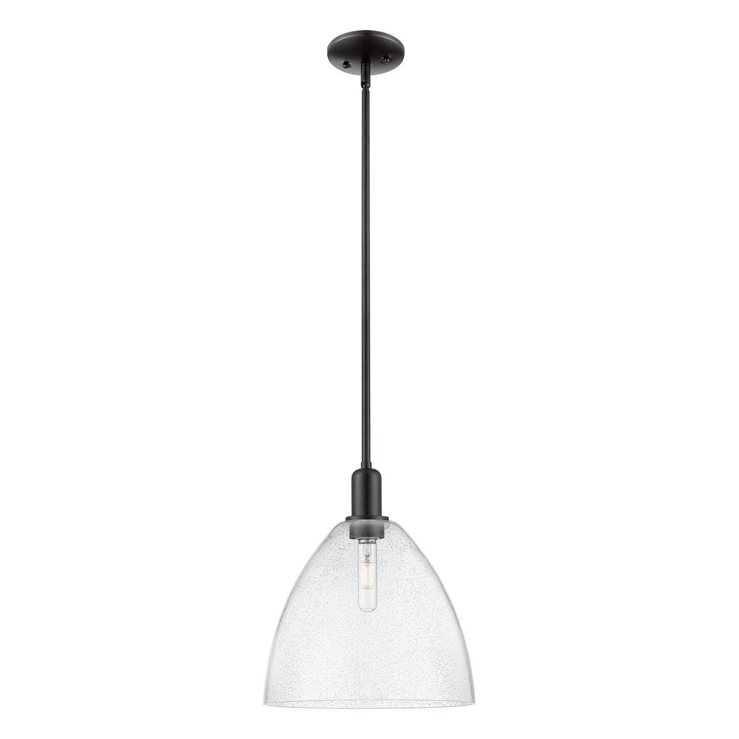 Innovations Bristol 12in 1-Light Mini Pendant | Industrial Matte Black Steel and Seedy Glass | Kitchen Island | 12 x 12 x 13.62 | Model 716-1S-BK-GBD-124