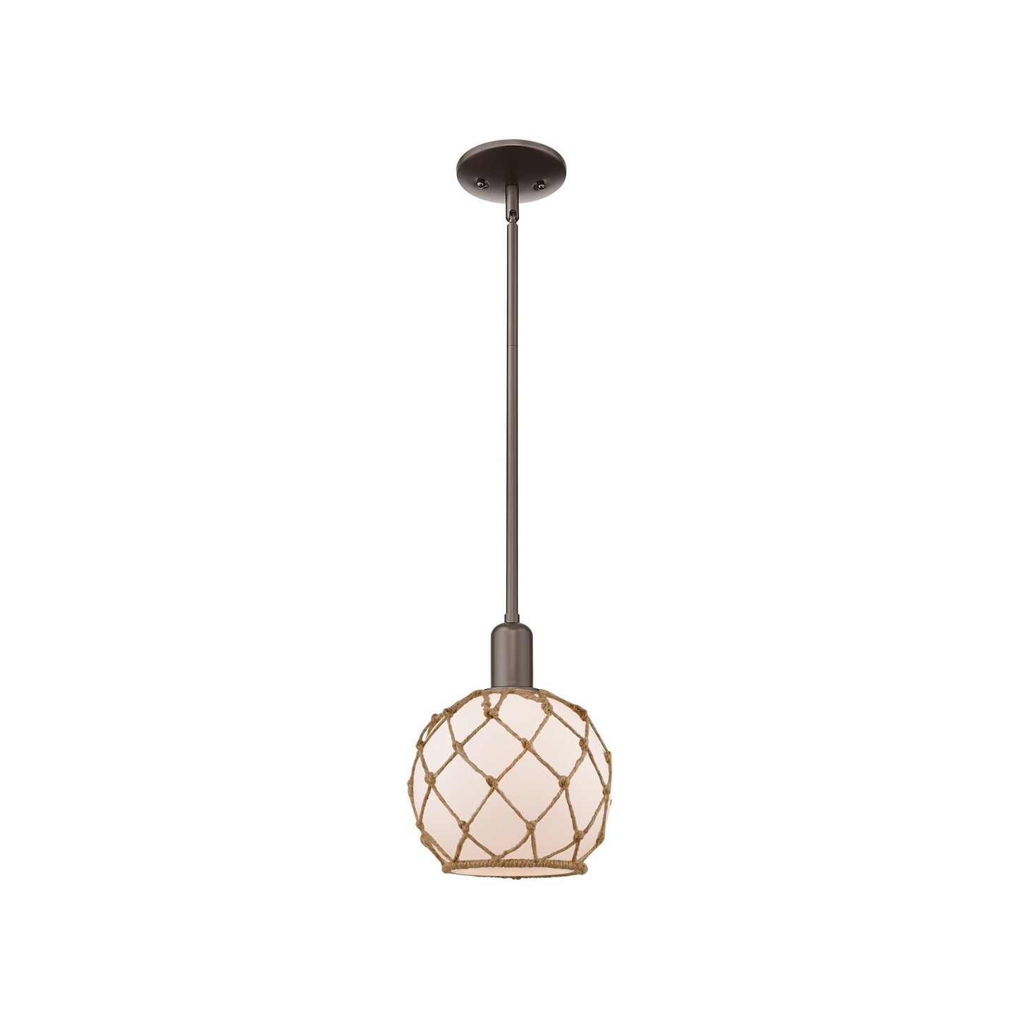 Innovations Farmhouse Rope 8in 1-Light Mini Pendant | Industrial Oil Rubbed Bronze Steel and White Frosted Glass with Brown | Model 716-1S-OB-G121-8RB