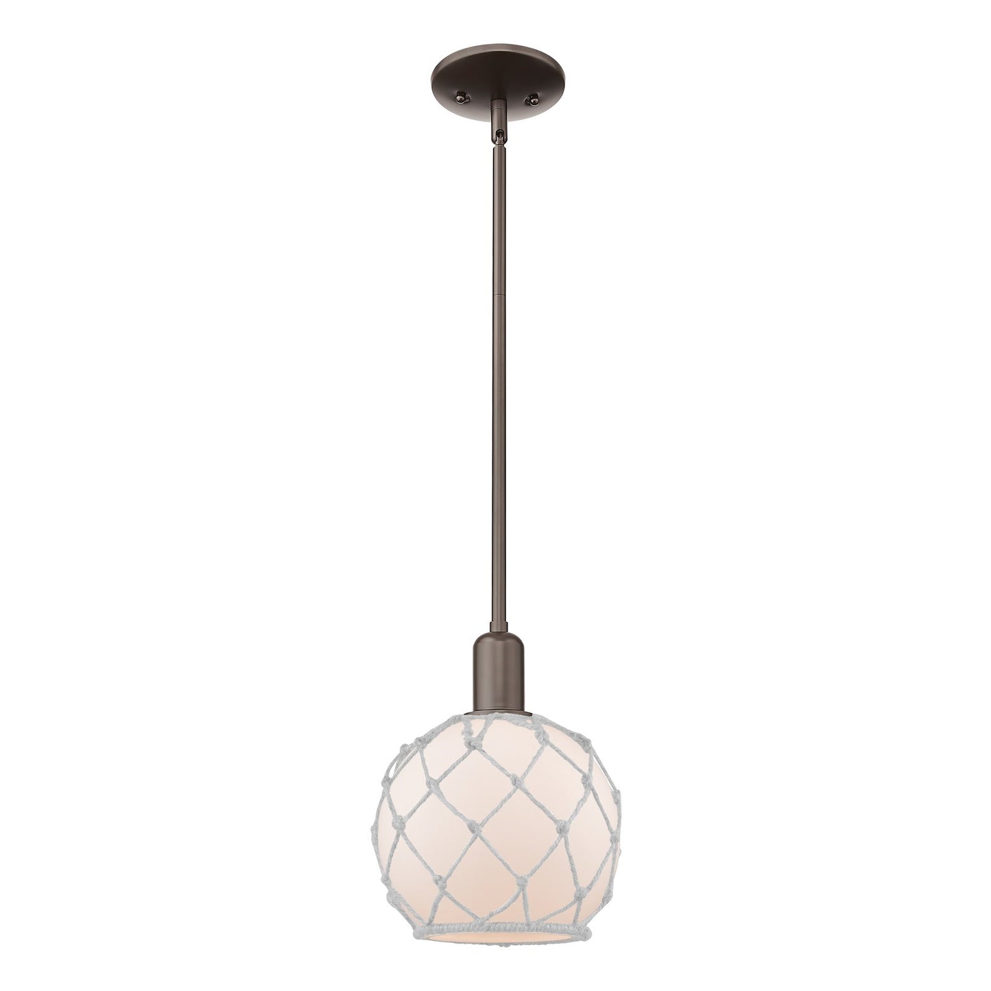 Innovations Farmhouse Rope 8in 1-Light Mini Pendant | Industrial Oil Rubbed Bronze Steel and White Frosted Glass with Rope | Model 716-1S-OB-G121-8RW