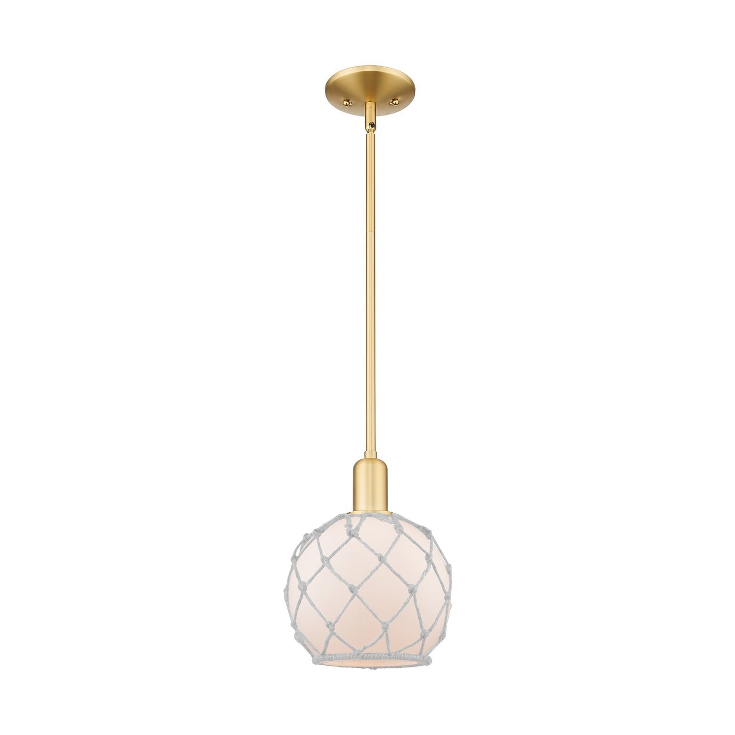 Innovations Farmhouse Rope 8in 1-Light Mini Pendant | Industrial Satin Gold Steel and White Frosted Glass with Rope | Kitchen | Model 716-1S-SG-G121-8RW
