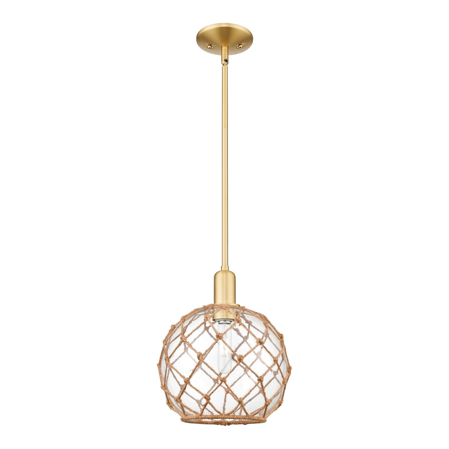 Innovations Farmhouse Rope 10in 1-Light Mini Pendant | Industrial Satin Gold Steel and Clear Glass with Brown Rope | Kitchen | Model 716-1S-SG-G122-10RB