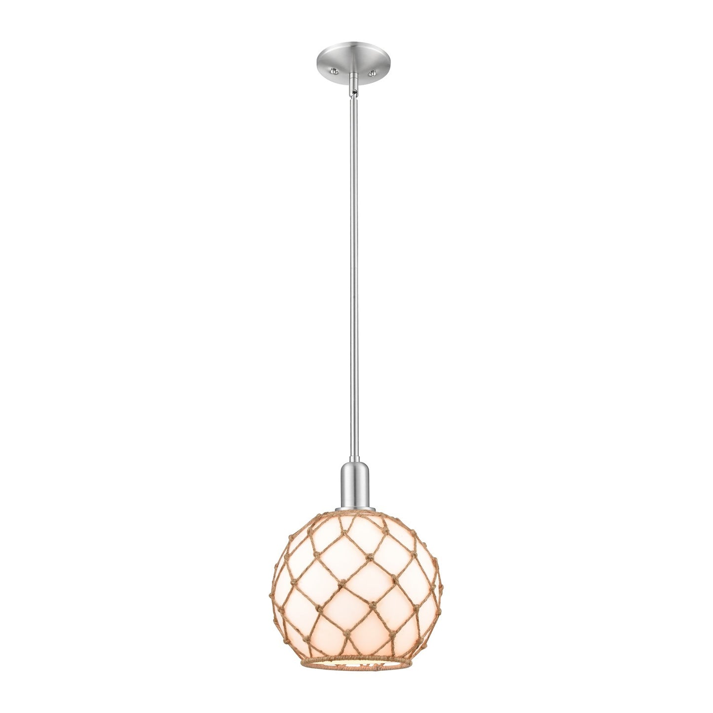Innovations Farmhouse Rope 10in 1-Light Mini Pendant | Industrial Brushed Satin Nickel and Matte White Glass with Brown Rope | Model 716-1S-SN-G121-10RB