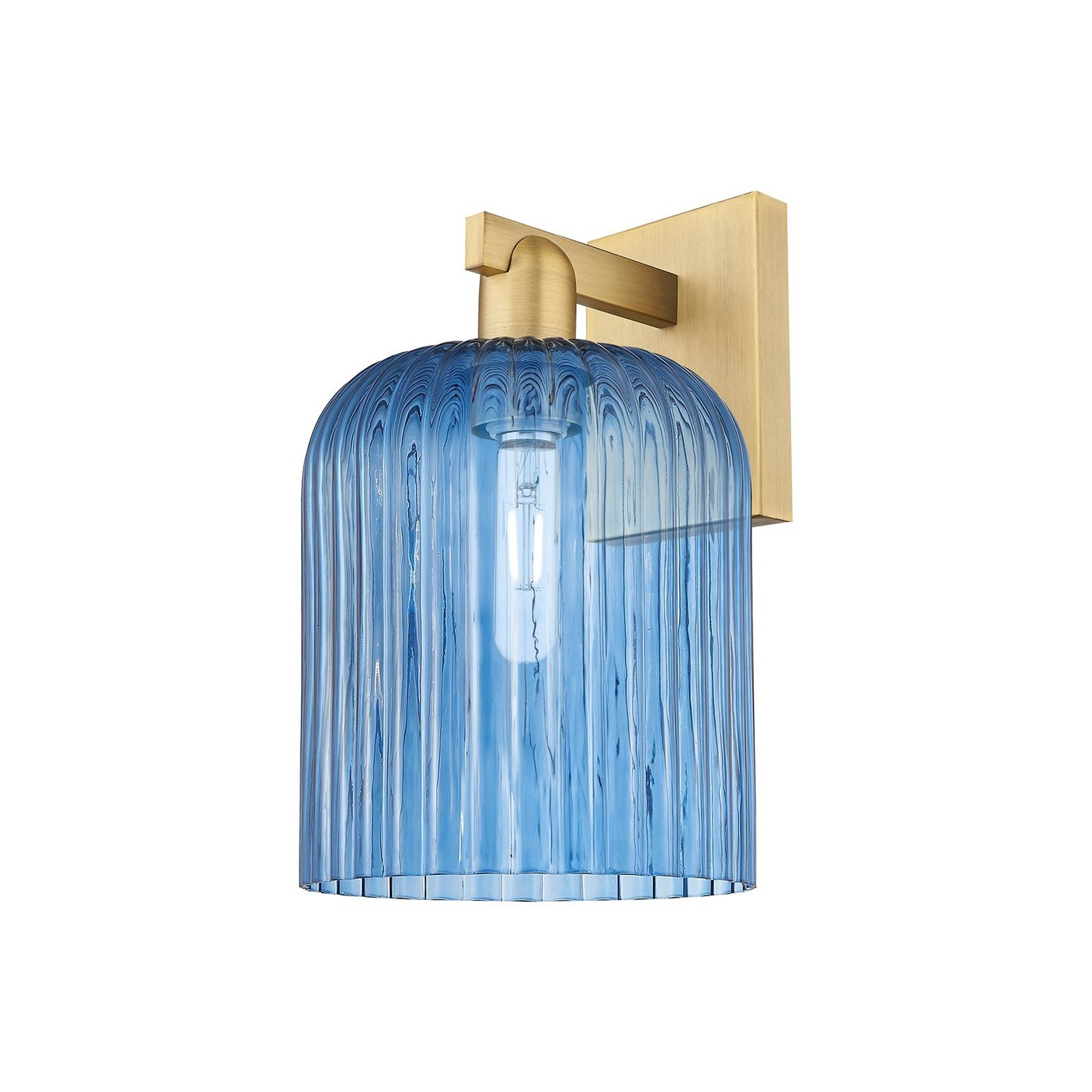 Innovations Bridal Veil 8in 1-Light Wall Sconce | Industrial Brushed Brass and Princess Blue Ribbed Glass | Entryway & Hallway | Model 716-1W-BB-G559-8BL