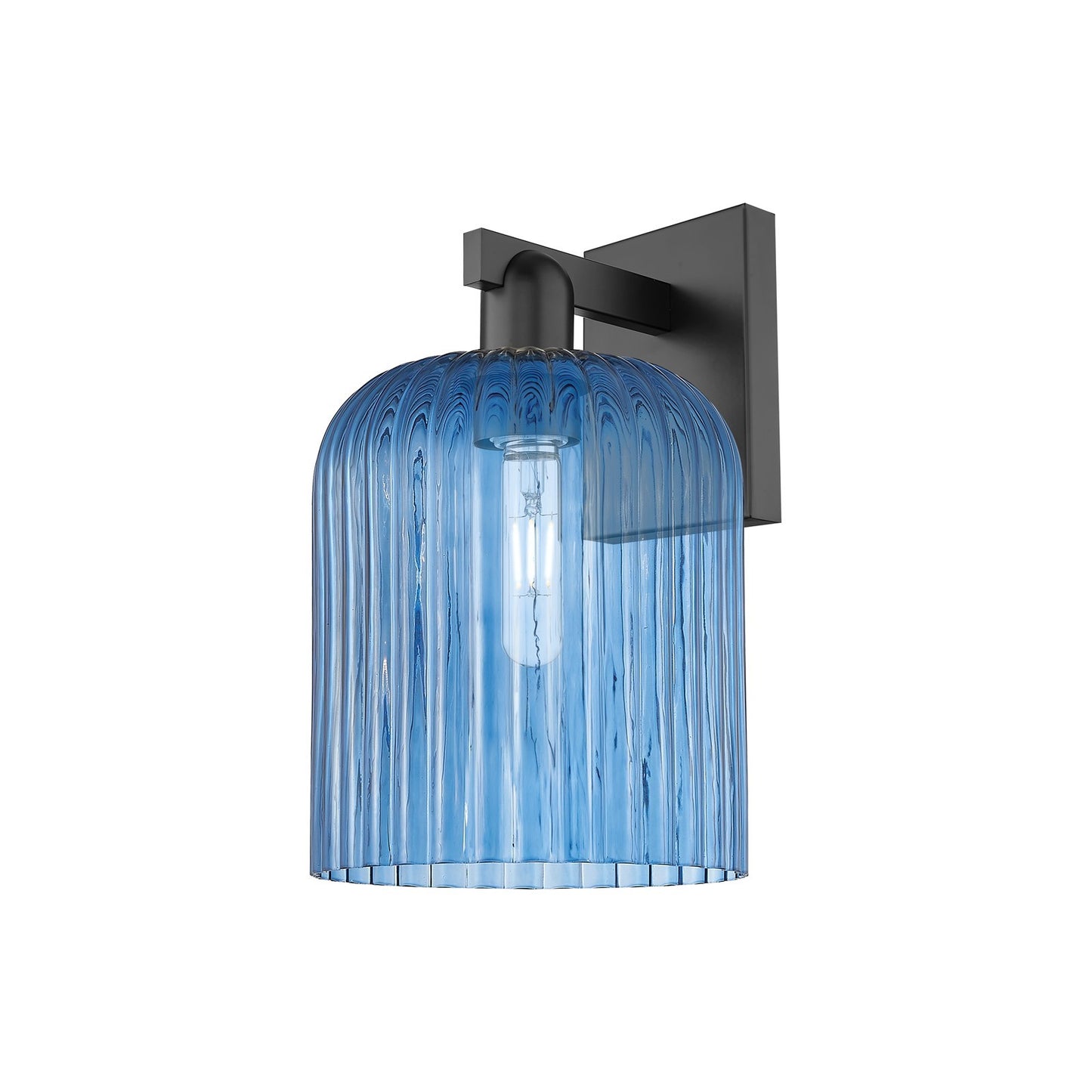 Innovations Bridal Veil 8in 1-Light Wall Sconce | Industrial Matte Black Steel and Princess Blue Ribbed Glass | Bathroom & | Model 716-1W-BK-G559-8BL